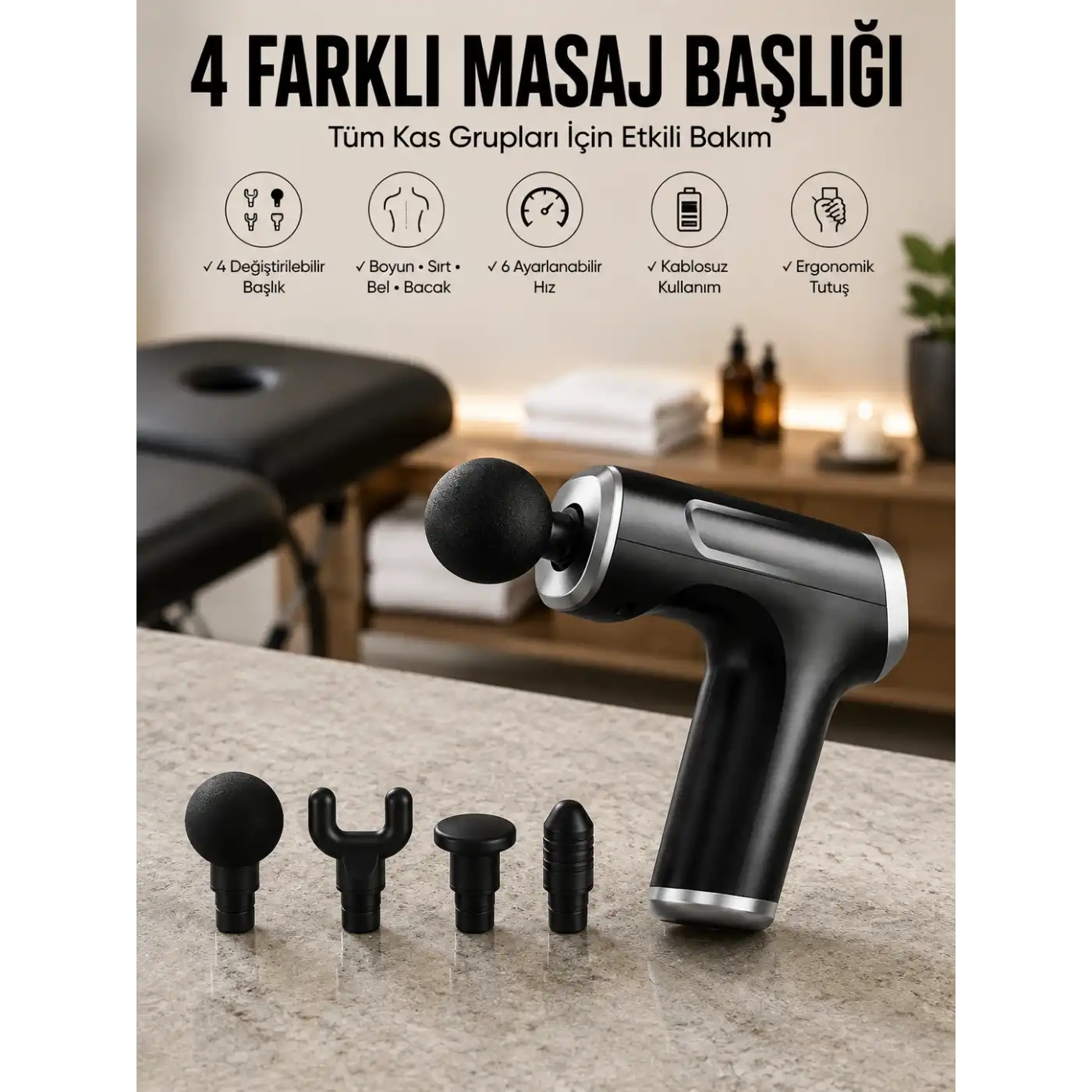 Masaj Tabancası 4 Başlıklı Kas ve Vücut Ağrıları İçin Şarjlı Darbeli
