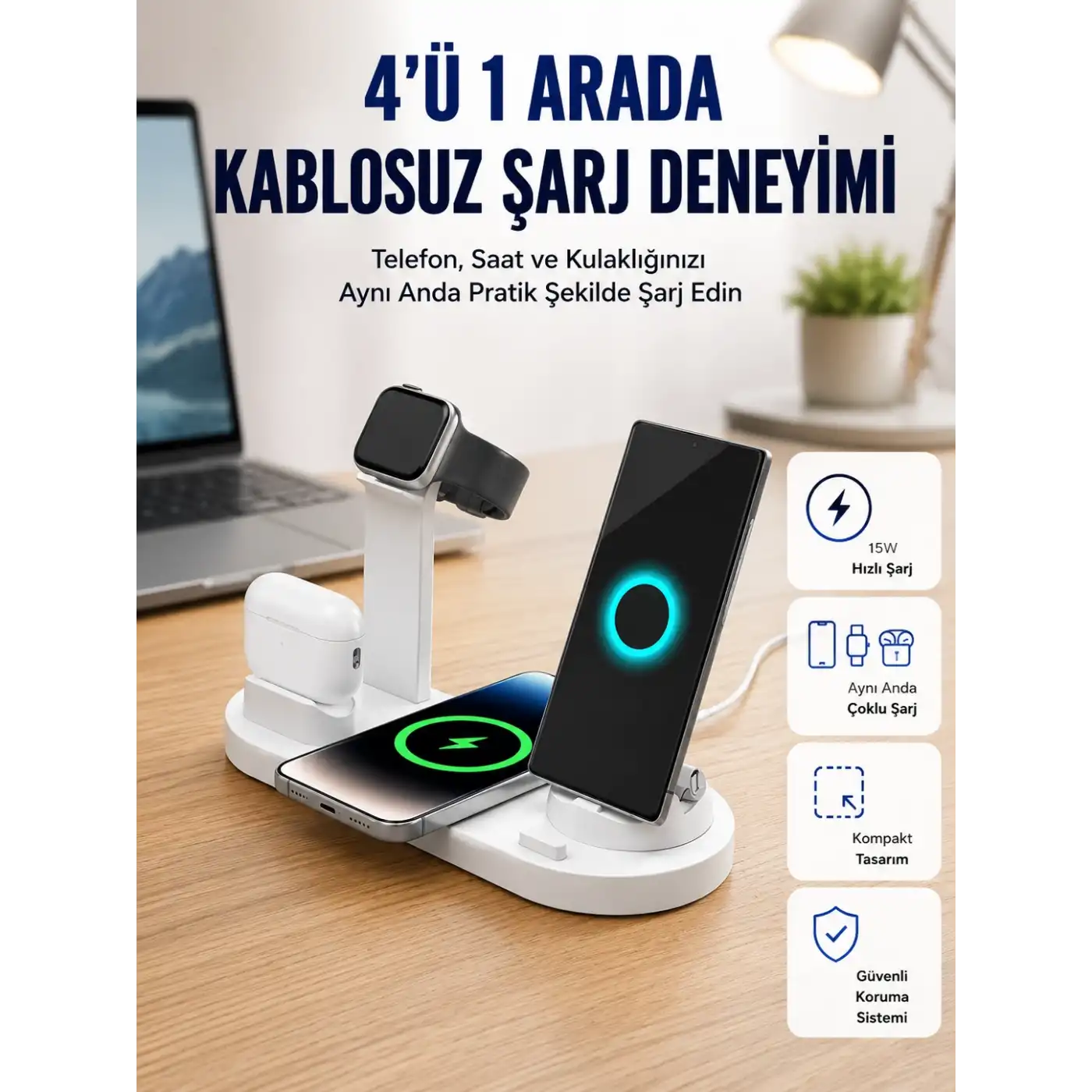Masaüstü Düzenleyici 4’ü 1 Arada Kablosuz Şarj Aksesuarı Yeni Nesil