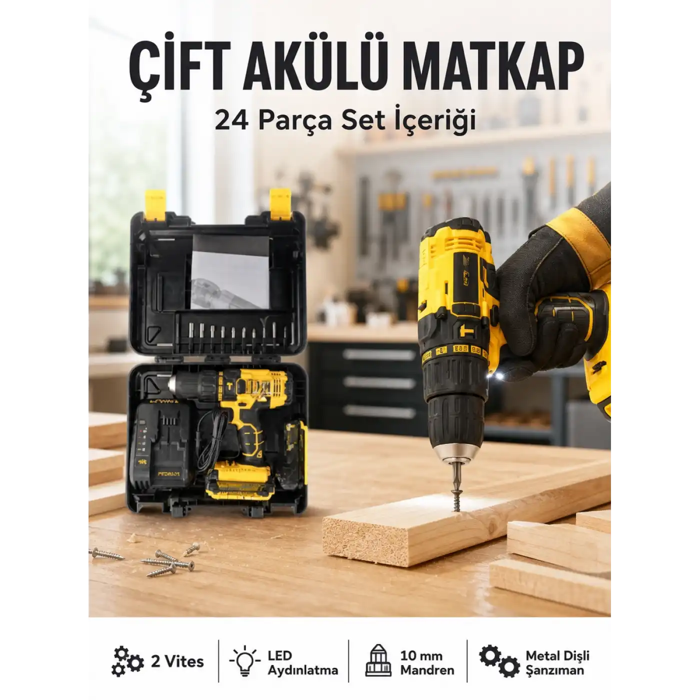 Matkap Seti 24 Parça Çift Bataryalı Darbeli Led Işıklı Vidalama Yeni Nesil