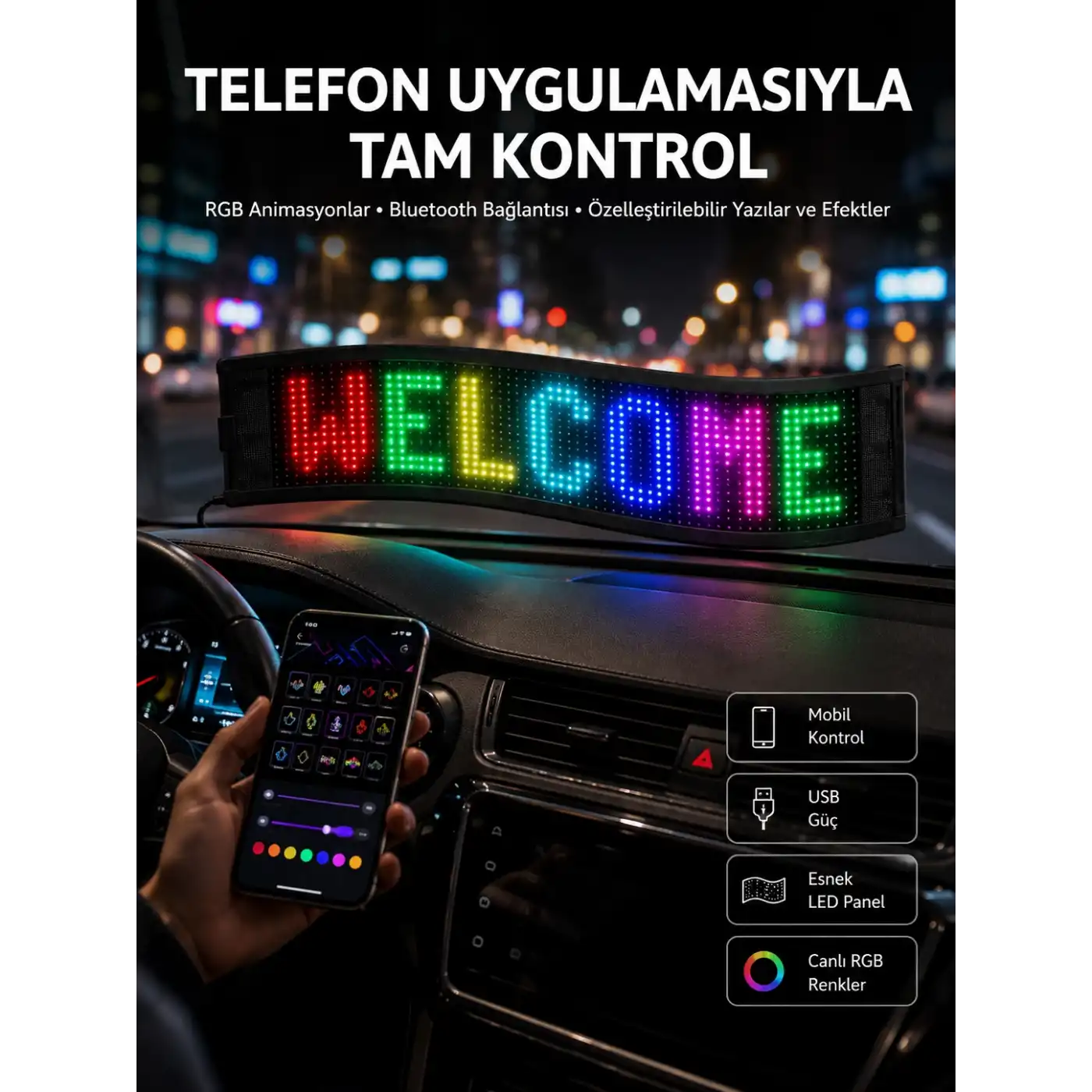 Matrix Led Cama Yapışan Telefon Kontrollü Panel Dijital Ekran Kumandalı