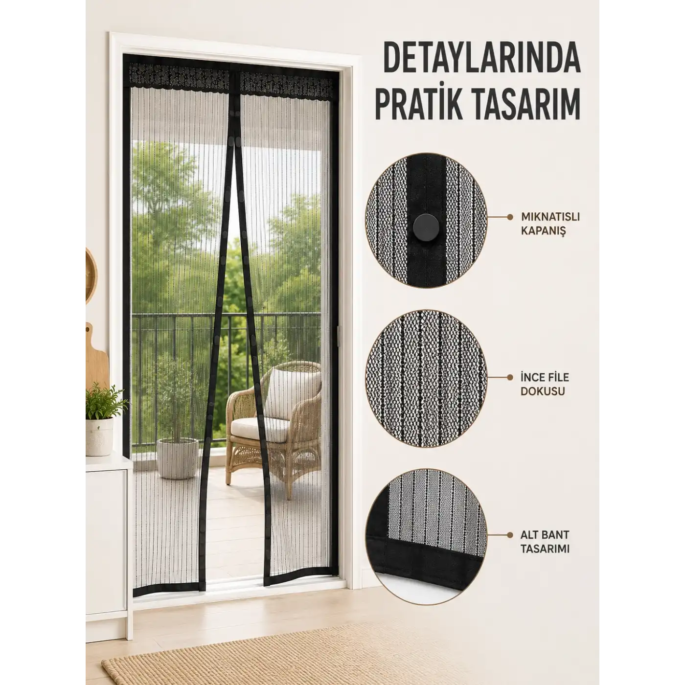 Mıknatıslı Kapı Sinekliği Otomatik Kapanan Siyah File Balkon ve Teras Sinekliği