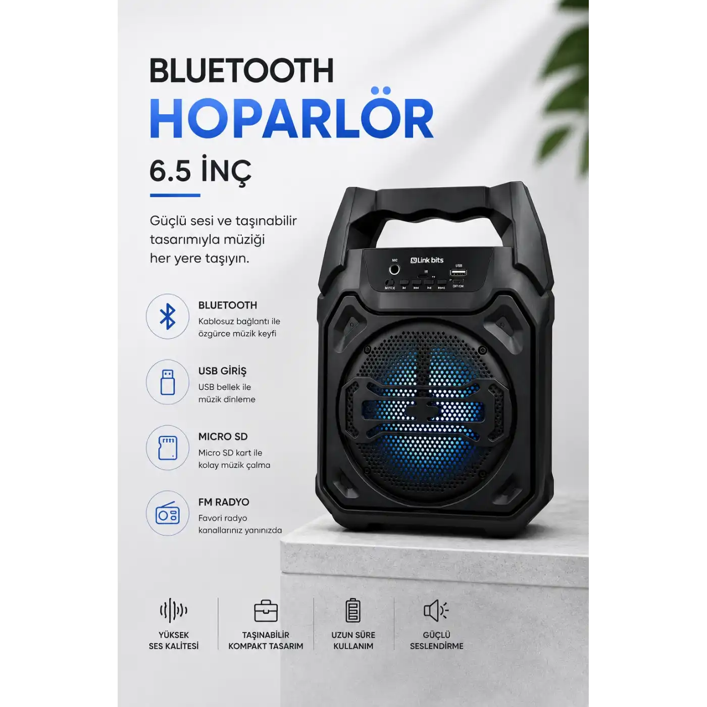 Mikrofonlu Bluetooth Ses Sistemli USB, Micro SD, FM ve Uzun Pil Ömrü