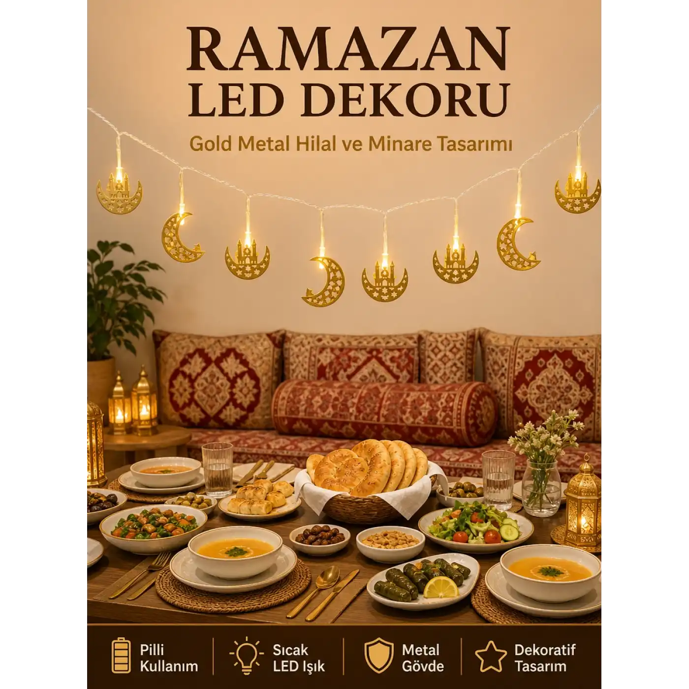 Minareli Hilal LED Işık Gold Metal Gövdeli Pilli Ramazan Dekoru