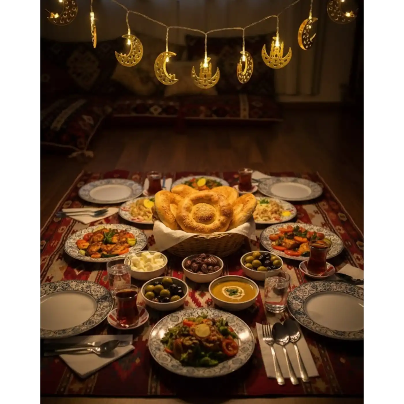 Minareli Hilal LED Işık Gold Metal Gövdeli Pilli Ramazan Dekoru