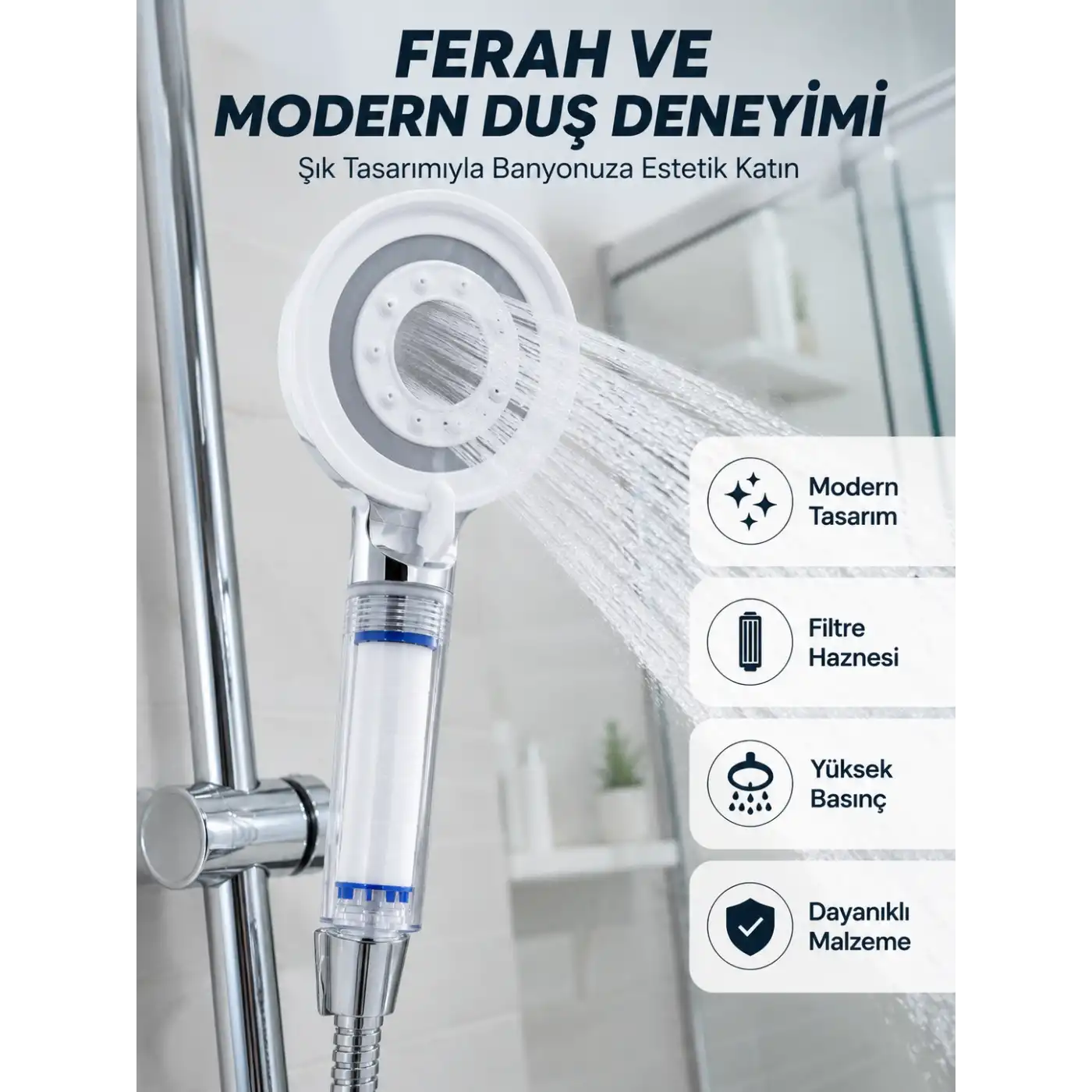 Mineral Taşlı Filtreli Duş Başlığı Güçlü Su Basınçlı Banyo Başlığı