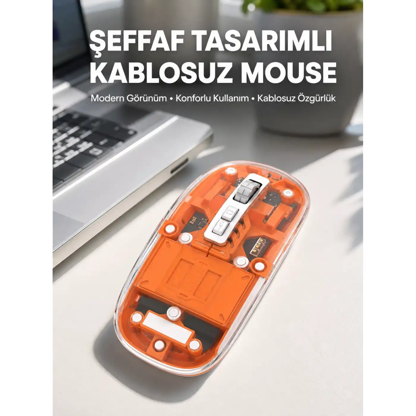 Mouse Fare Kablosuz Mouse Fare Şarjlı Bluetooth Sessiz 5 Tuşlu Şeffaf
