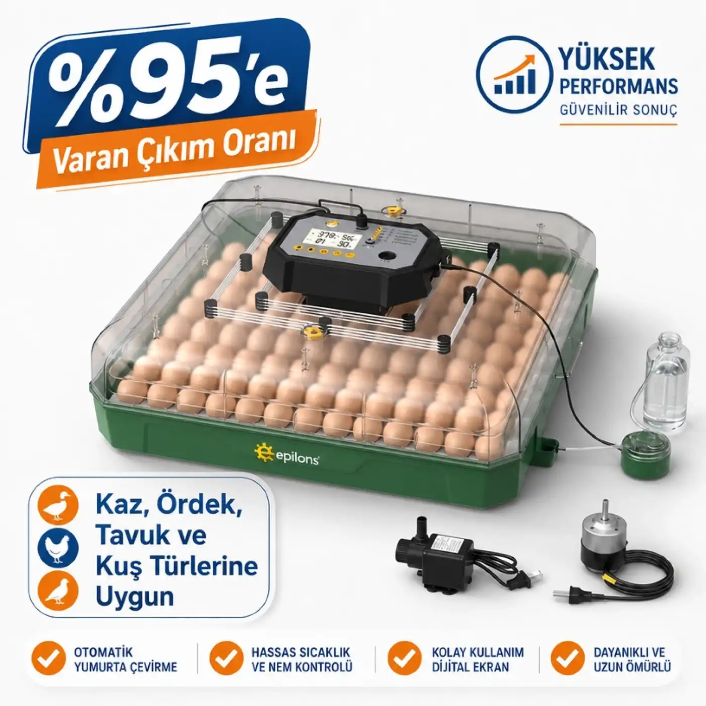 MY110 Yumurta Kapasiteli Tam Otomatik Kuluçka Makinesi Su Pompası ve Yedek Çevirme Motoru Hediyeli