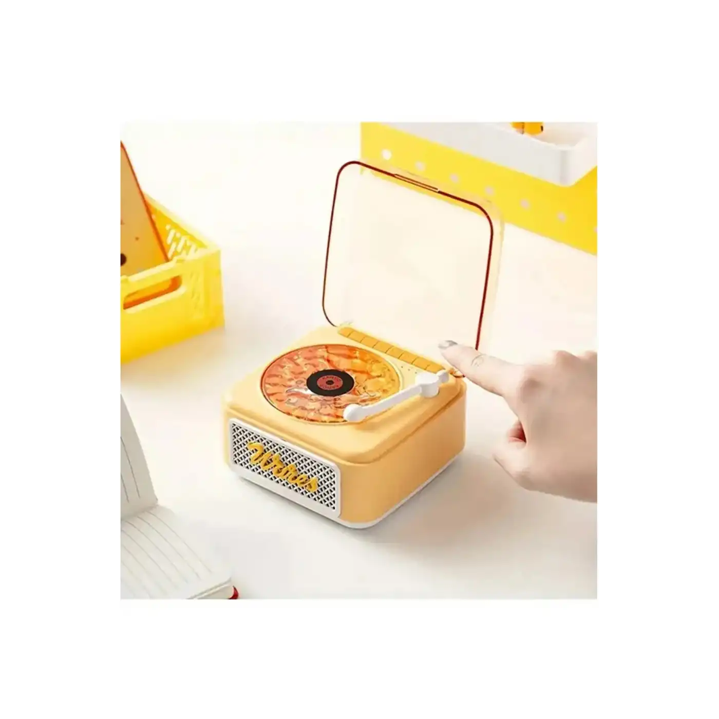 Nostalji Mini Plak Görünümlü Radyolu Bluetooth Hoparlör 3d Ses Dalgası Retro Müzik Plak Sarı