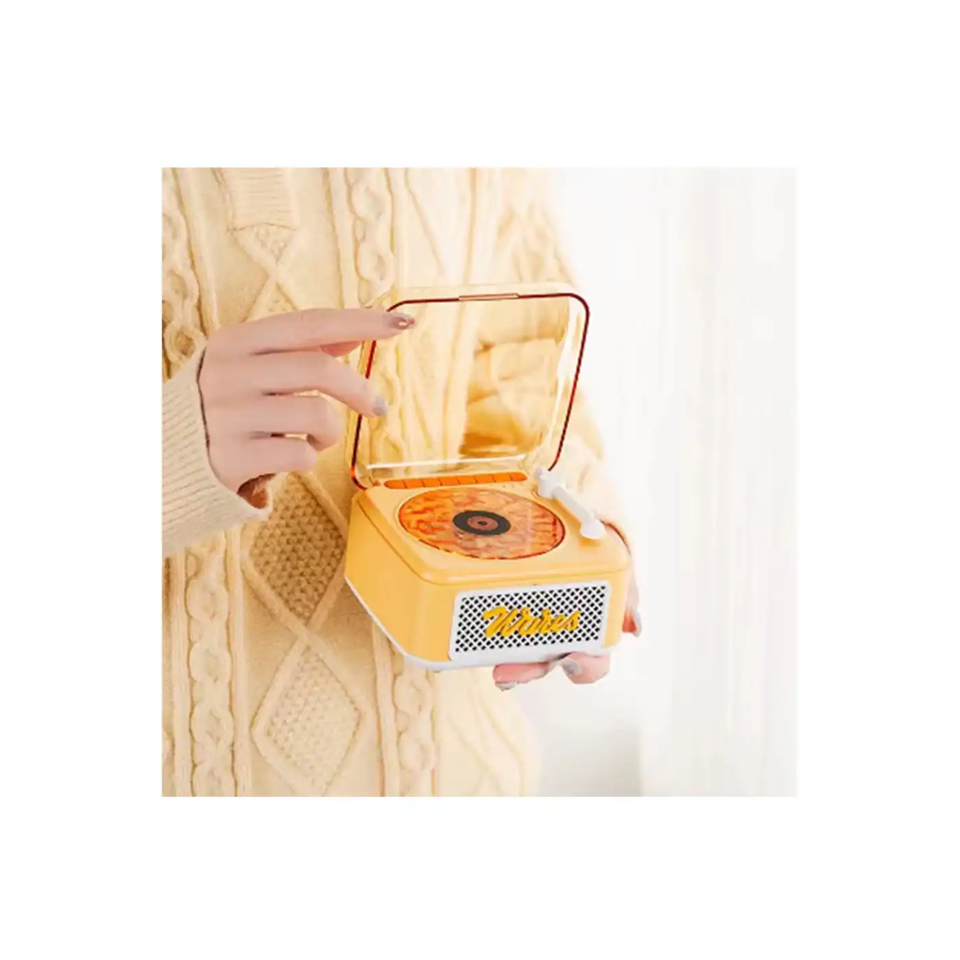 Nostalji Mini Plak Görünümlü Radyolu Bluetooth Hoparlör 3d Ses Dalgası Retro Müzik Plak Sarı