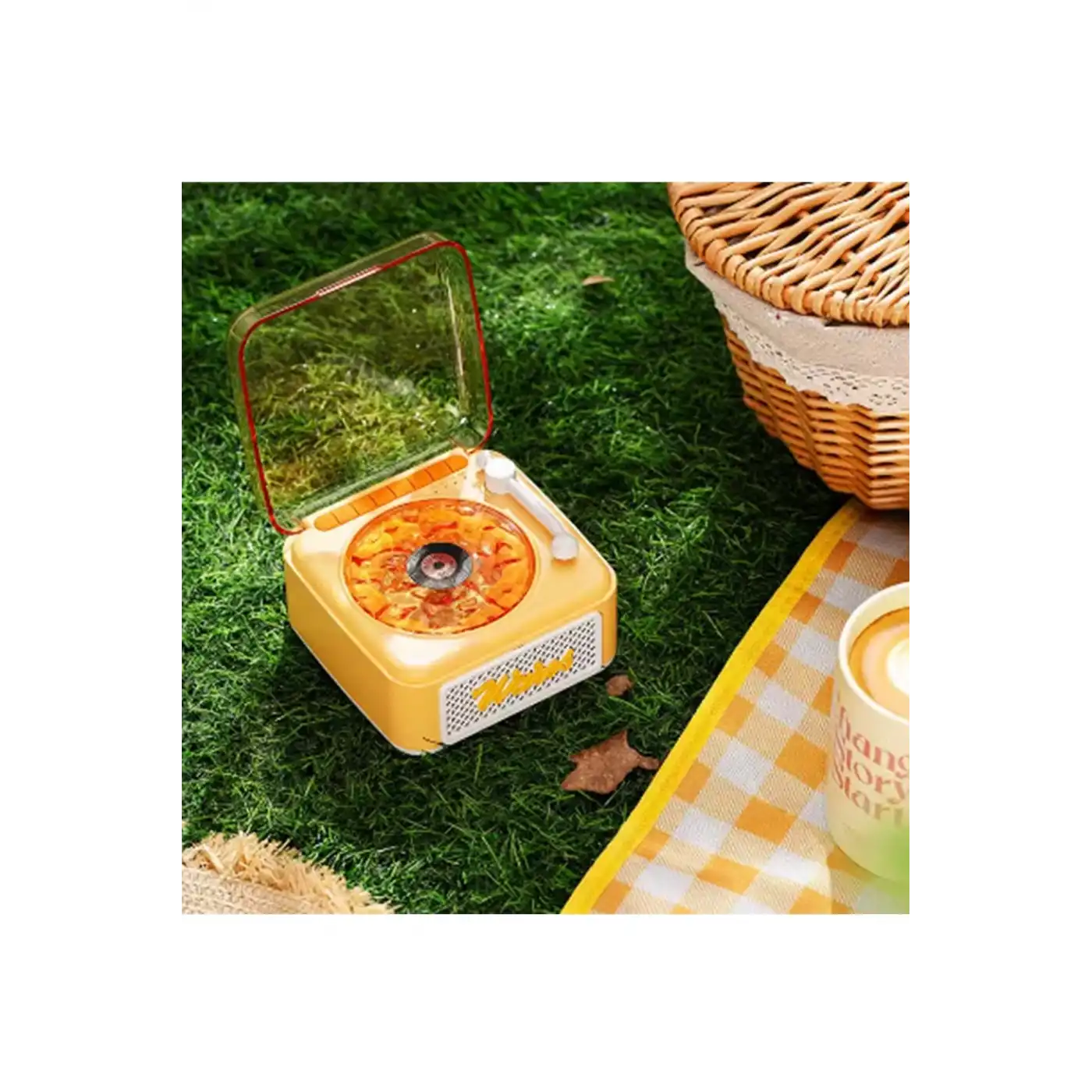Nostalji Mini Plak Görünümlü Radyolu Bluetooth Hoparlör 3d Ses Dalgası Retro Müzik Plak Sarı