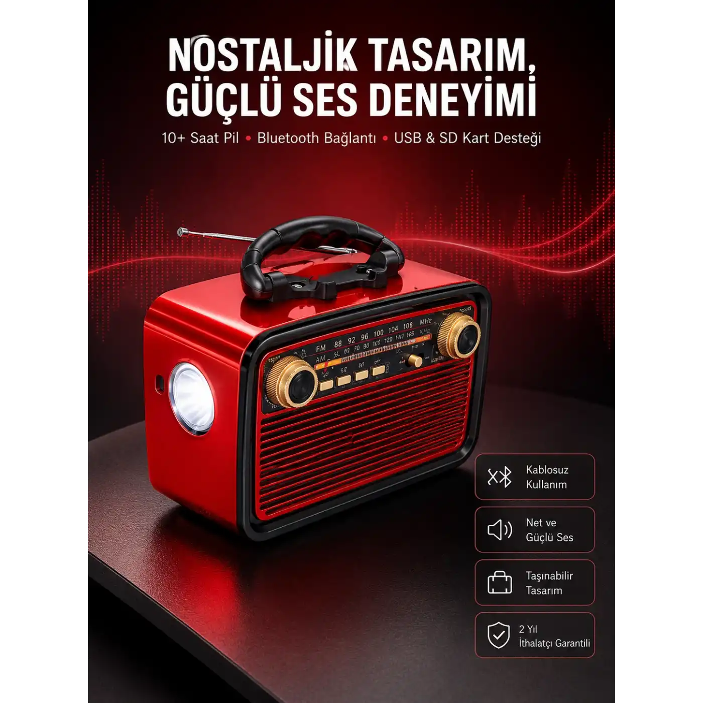 Nostaljik Görünümlü Ahşap Radyo TF SD USB Girişli Led Fener Işıklı