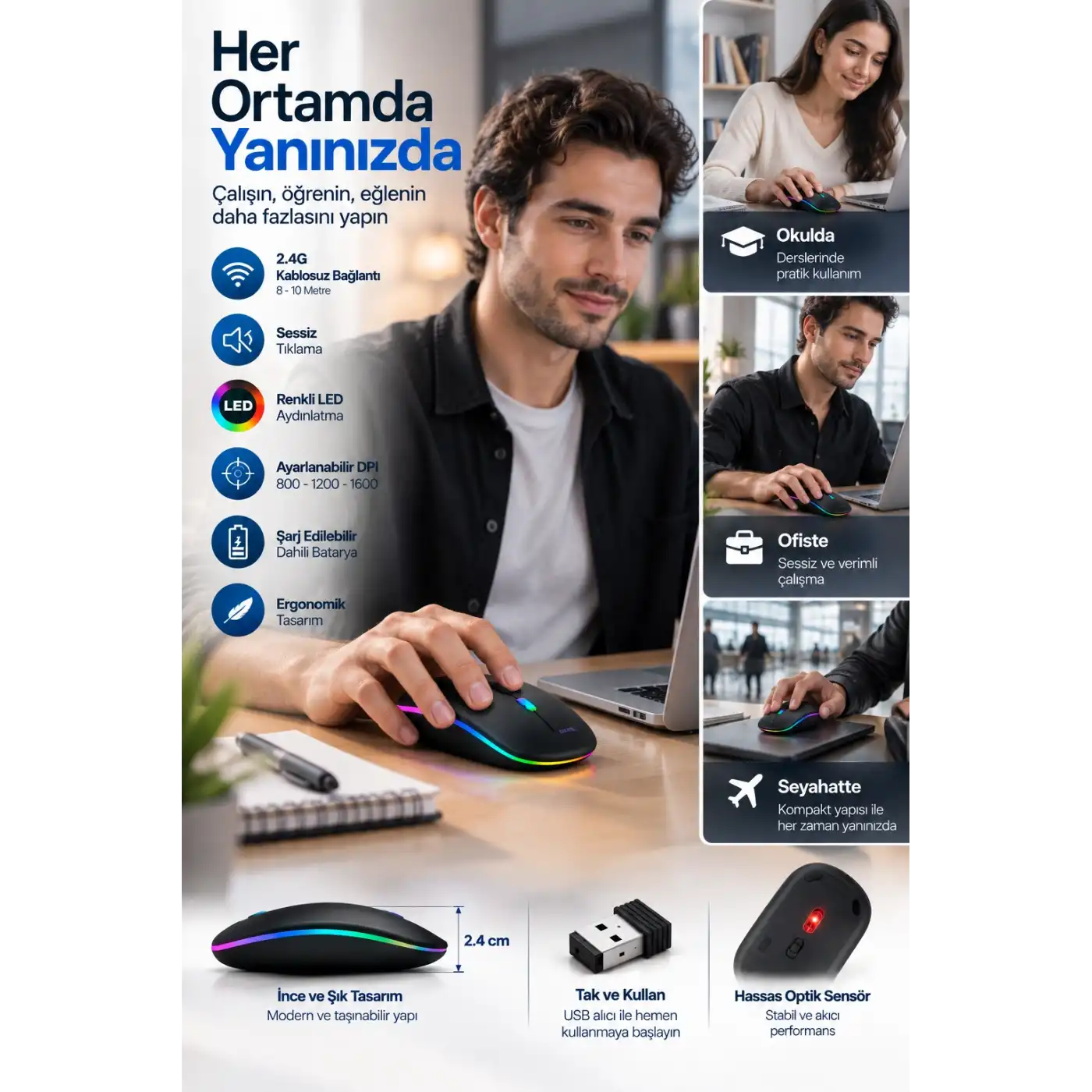 Ofis Ev Okul Kullanımına Uygun Şarjlı Kablosuz Mouse