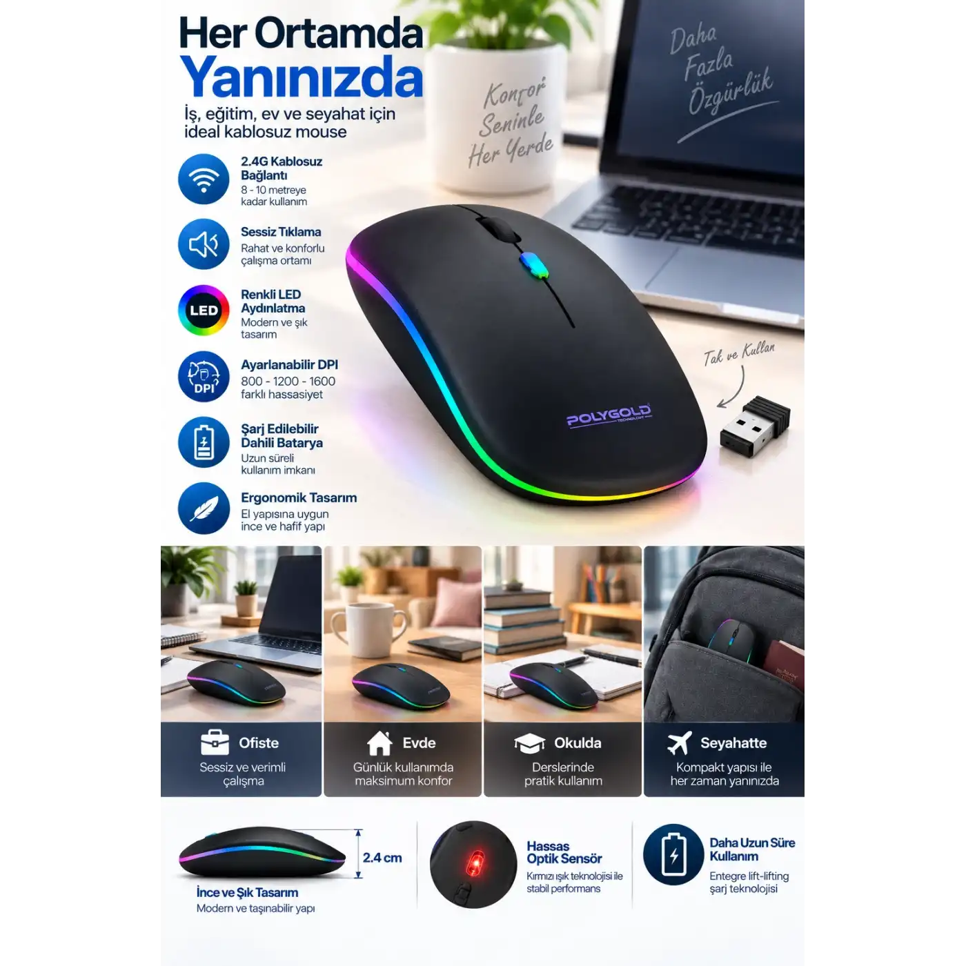 Ofis Ev Okul Kullanımına Uygun Şarjlı Kablosuz Mouse