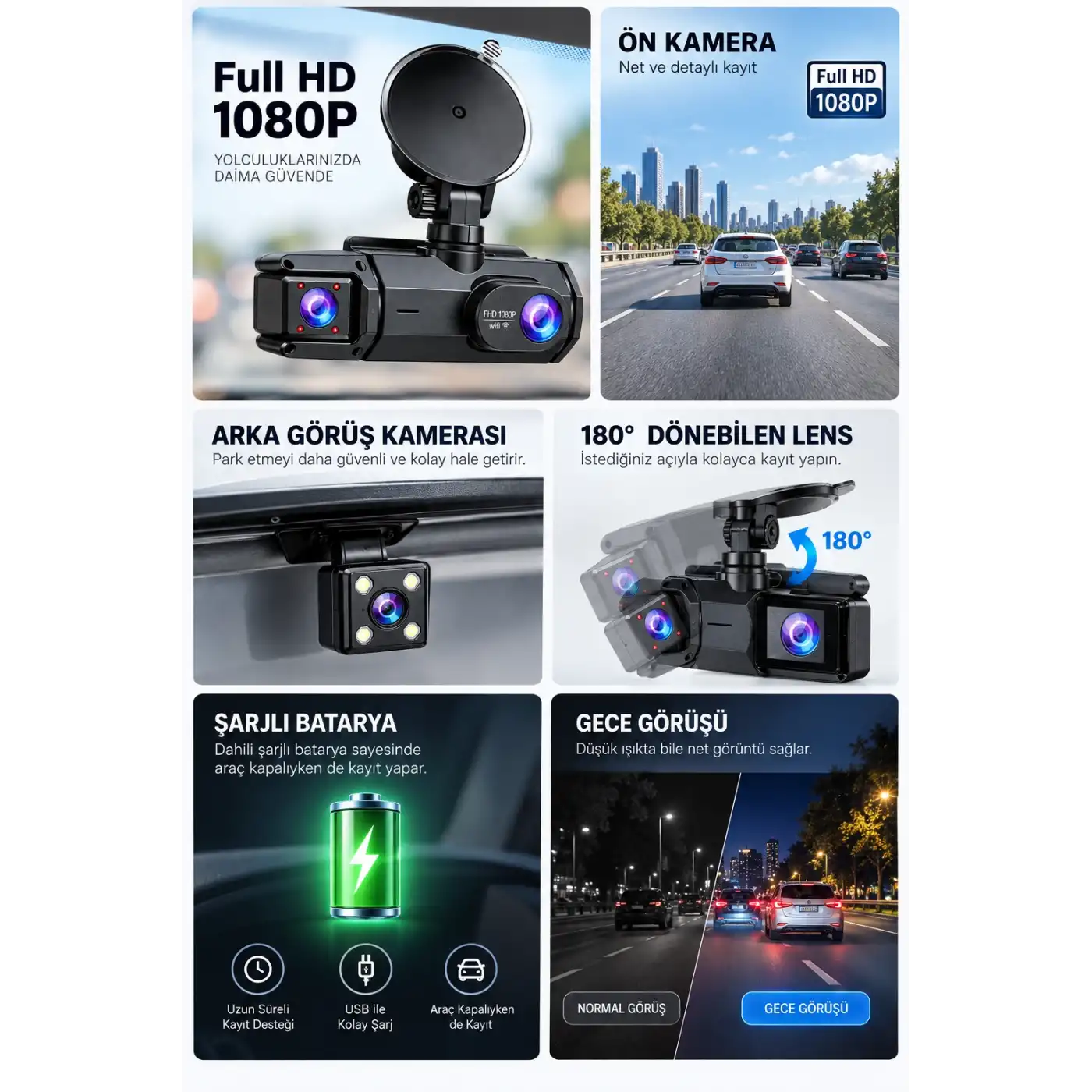 Ön Arka Kayıt 1080P Full HD 180° Geniş Açı Şarjlı Kullanım