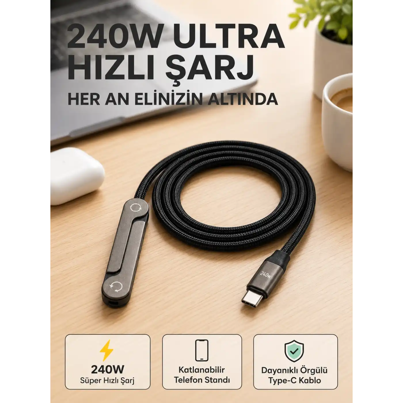 Örgülü 240W Type-C Katlanabilir Telefon Standlı Şarj Kablosu