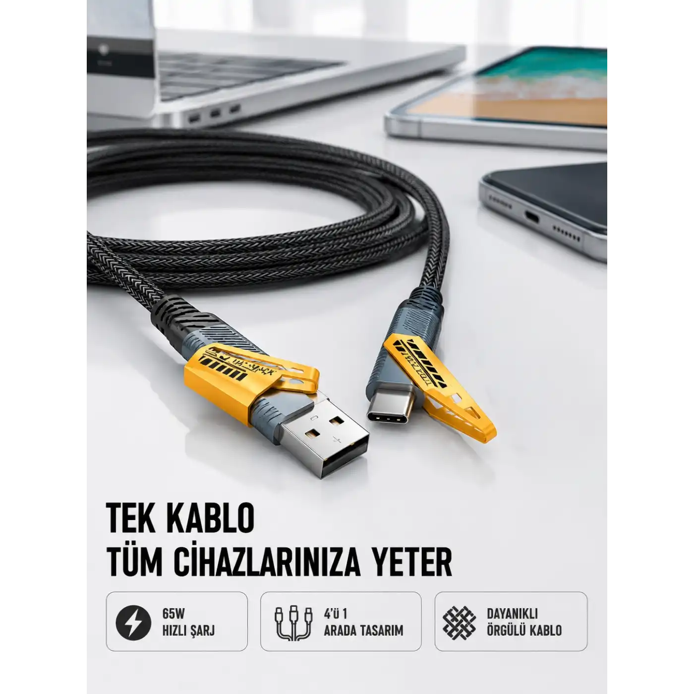 Örgülü Tasarım 4’ü 1 Arada USB-C Lightning Hızlı Şarj Kablosu