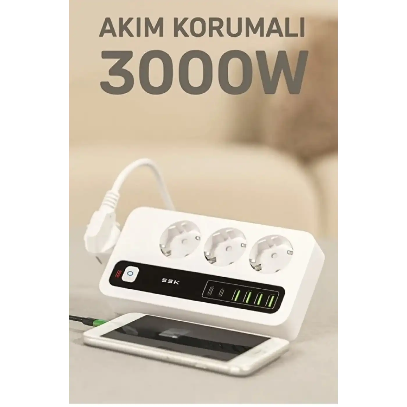 P10 3x Priz 3000w Akım Korumalı 4x Usb 2x Type-c Girişli Çoklu Priz