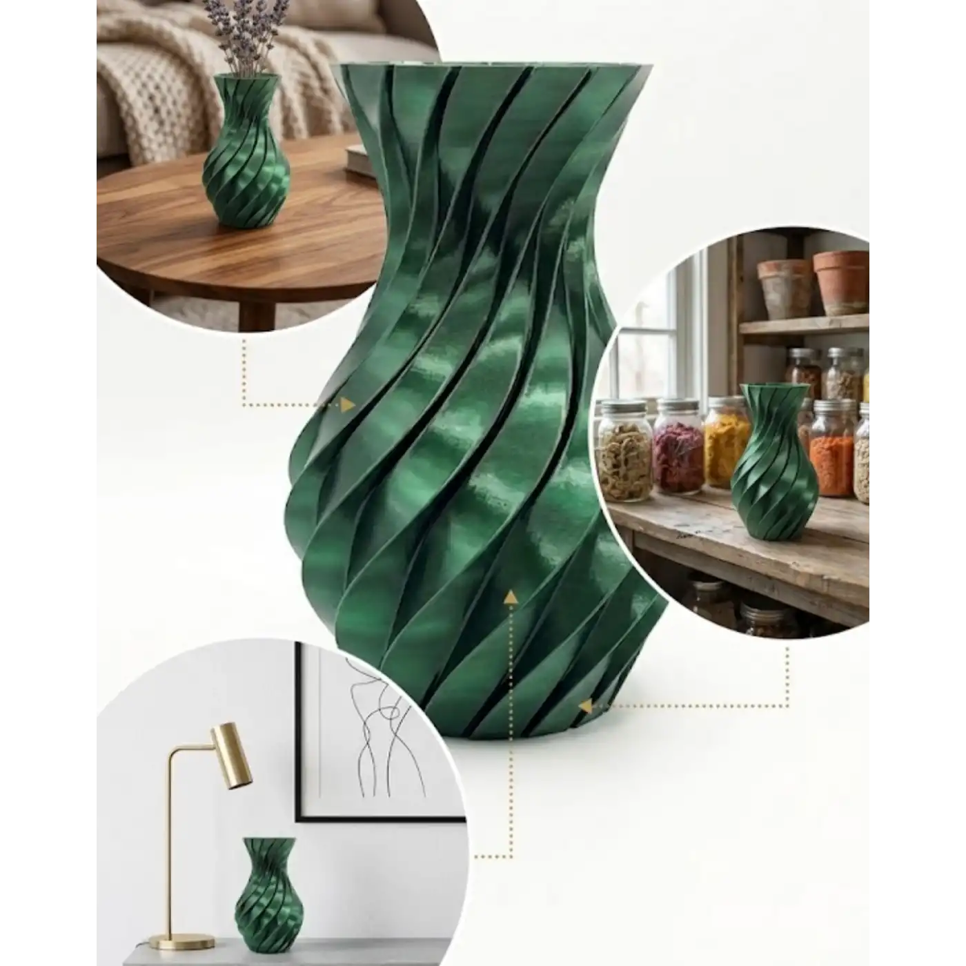 Parlak Yeşil Spiral 3D Baskı Vazo Şık Modern Dekoratif Obje