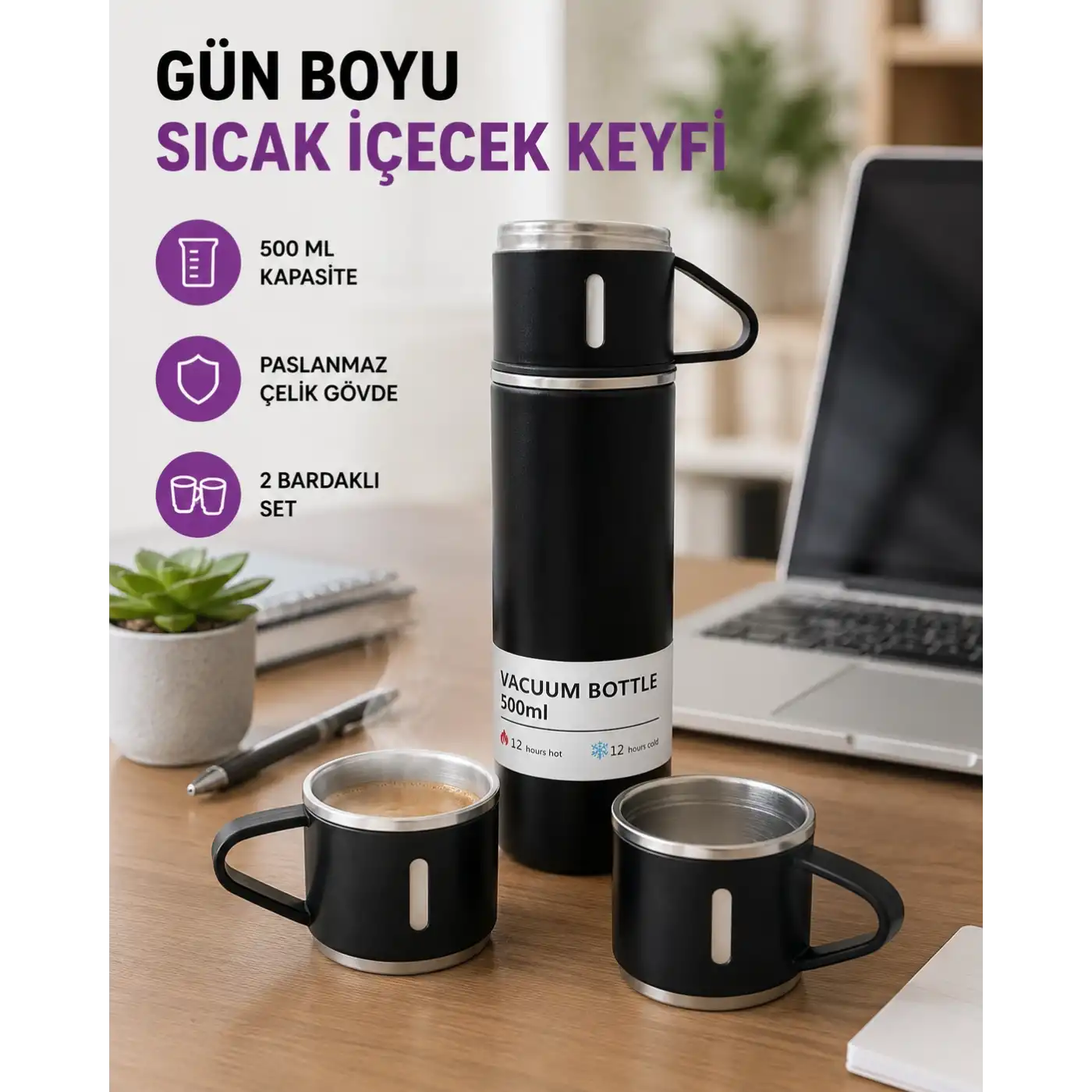 Paslanmaz Çelik 500 ml Termos Seti – 8 Saat Isı Koruma, Vakumlu, Sızdırmaz ve Taşınabilir