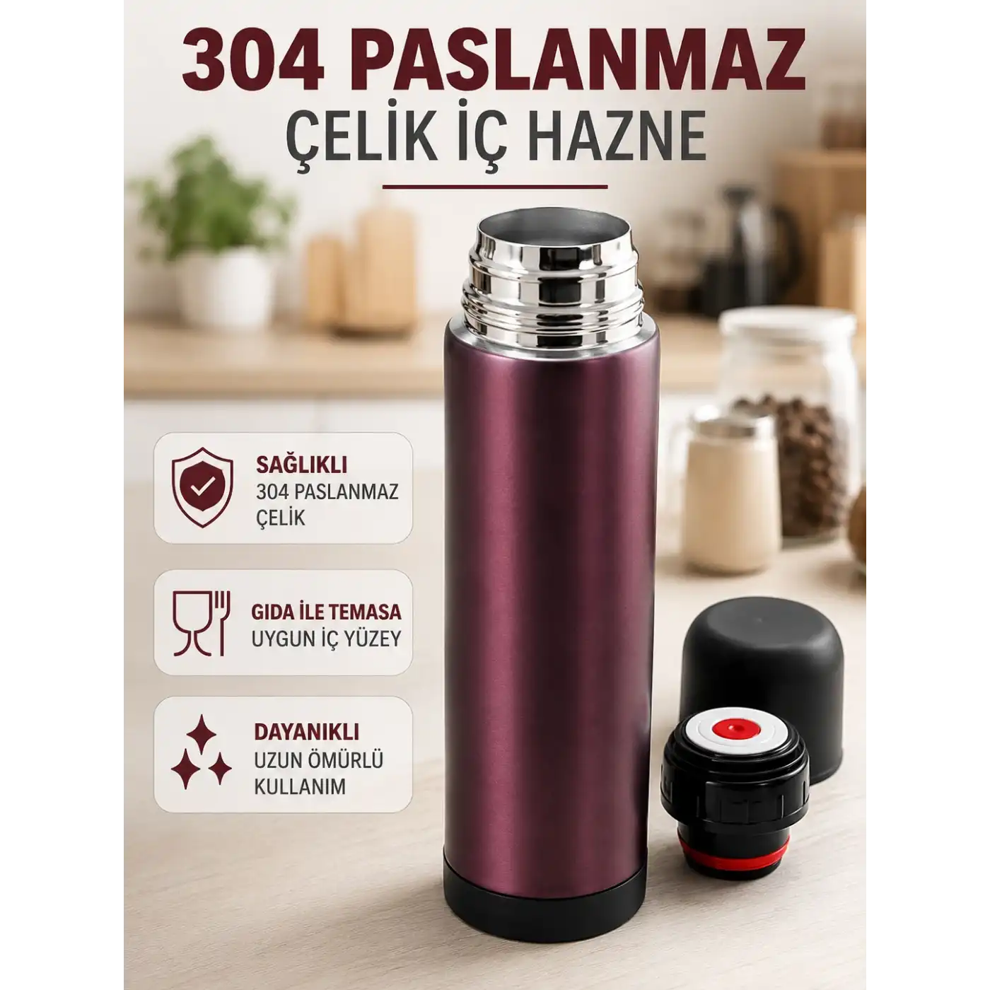 Paslanmaz Çelik Seyahat Termosu Tek Tuşlu Vakumlu Kahve ve Çay Termosu