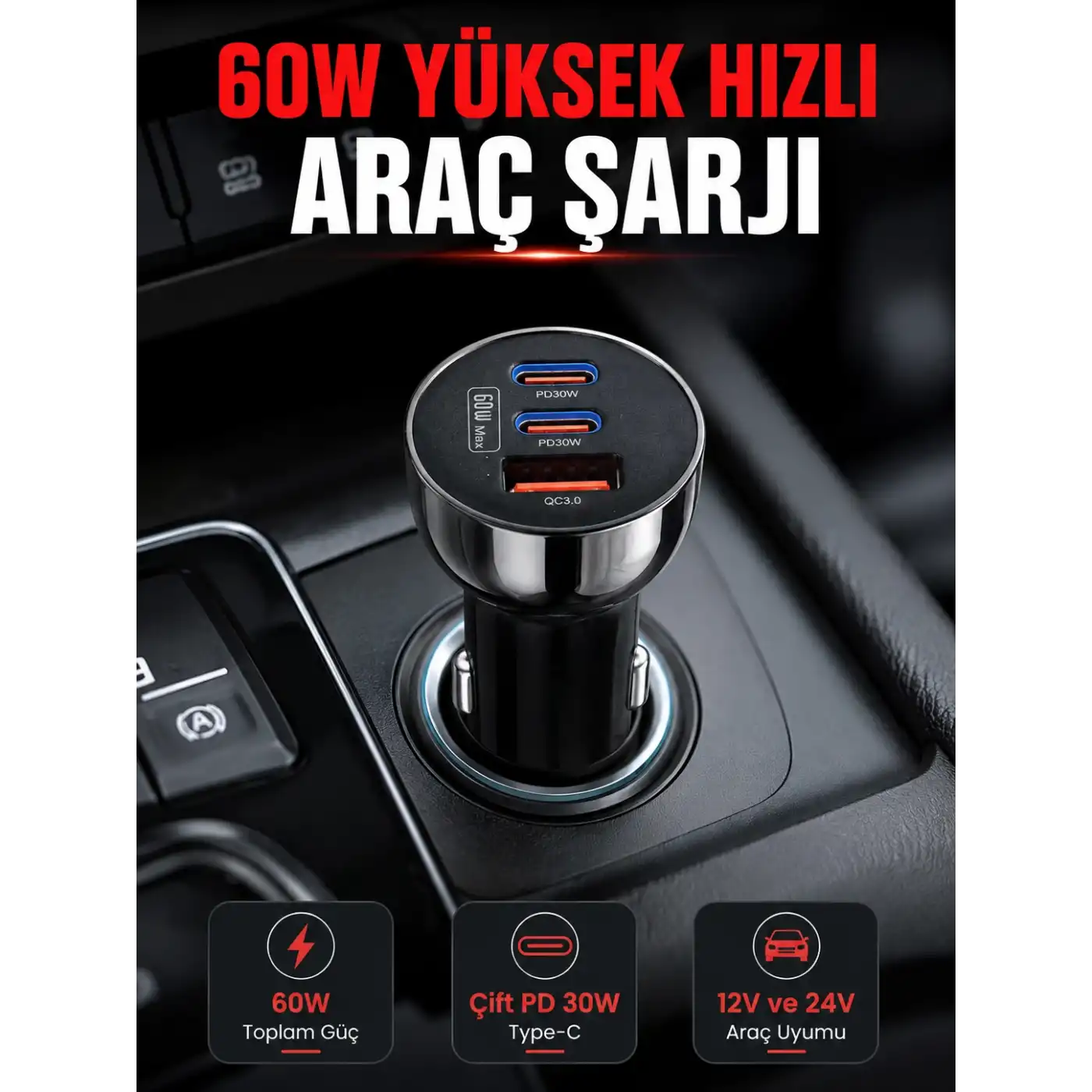 PD 30W Çift USB-C Araç Şarj Cihazı 60W Hızlı Şarj Adaptörü