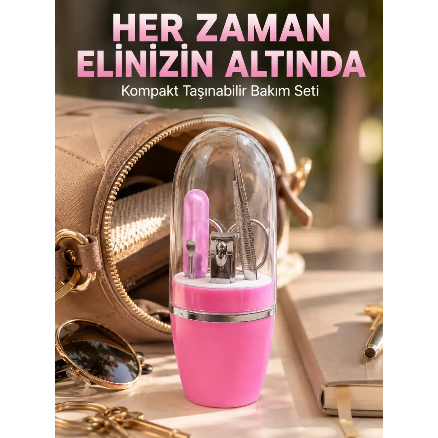 Pembe Manikür Pedikür Bakım Seti Cımbız Tırnak Makası Makas Törpü