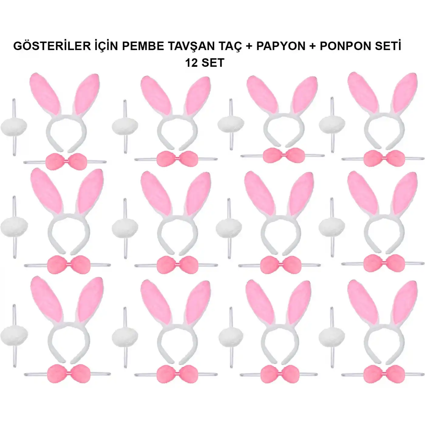 Pembe Tavşan Kostüm Seti – Taç, Papyon, Ponpon (12’li Paket)