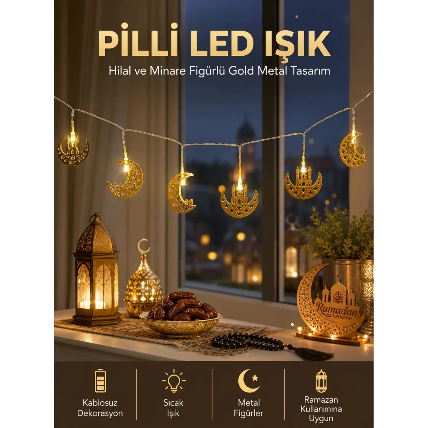 Pilli Minareli Hilal LED Işık Gold Metal Ramazan Dekorasyonu