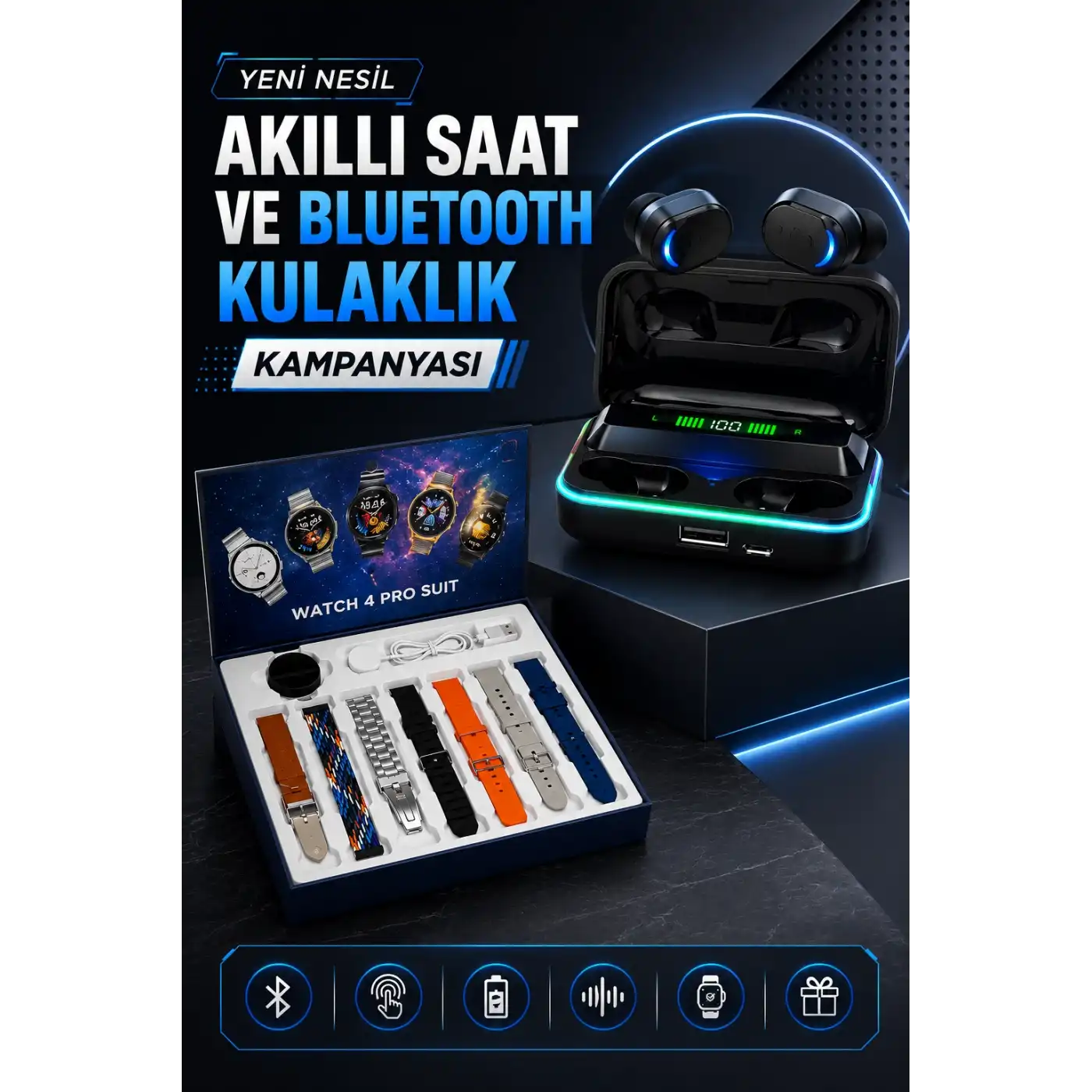 Powerbank Bluetooth Kulaklık Ve Akıllı Saat 7 Kordonlu Metal Kordon Plastik Kordon