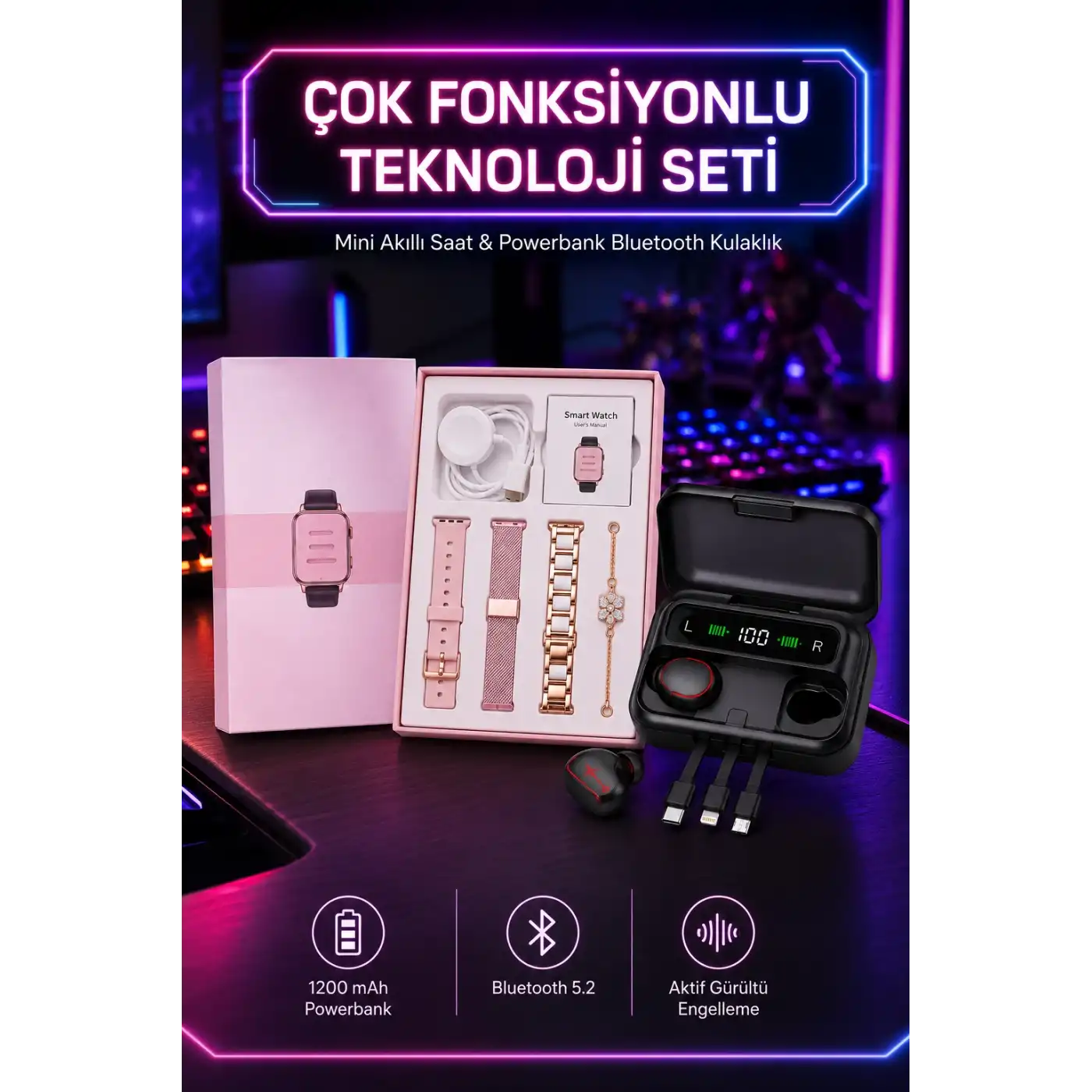 Powerbank Özellikli Bluetooth Kulaklık ve Nabız Ölçer Akıllı Saat Bileklik Hediyeli