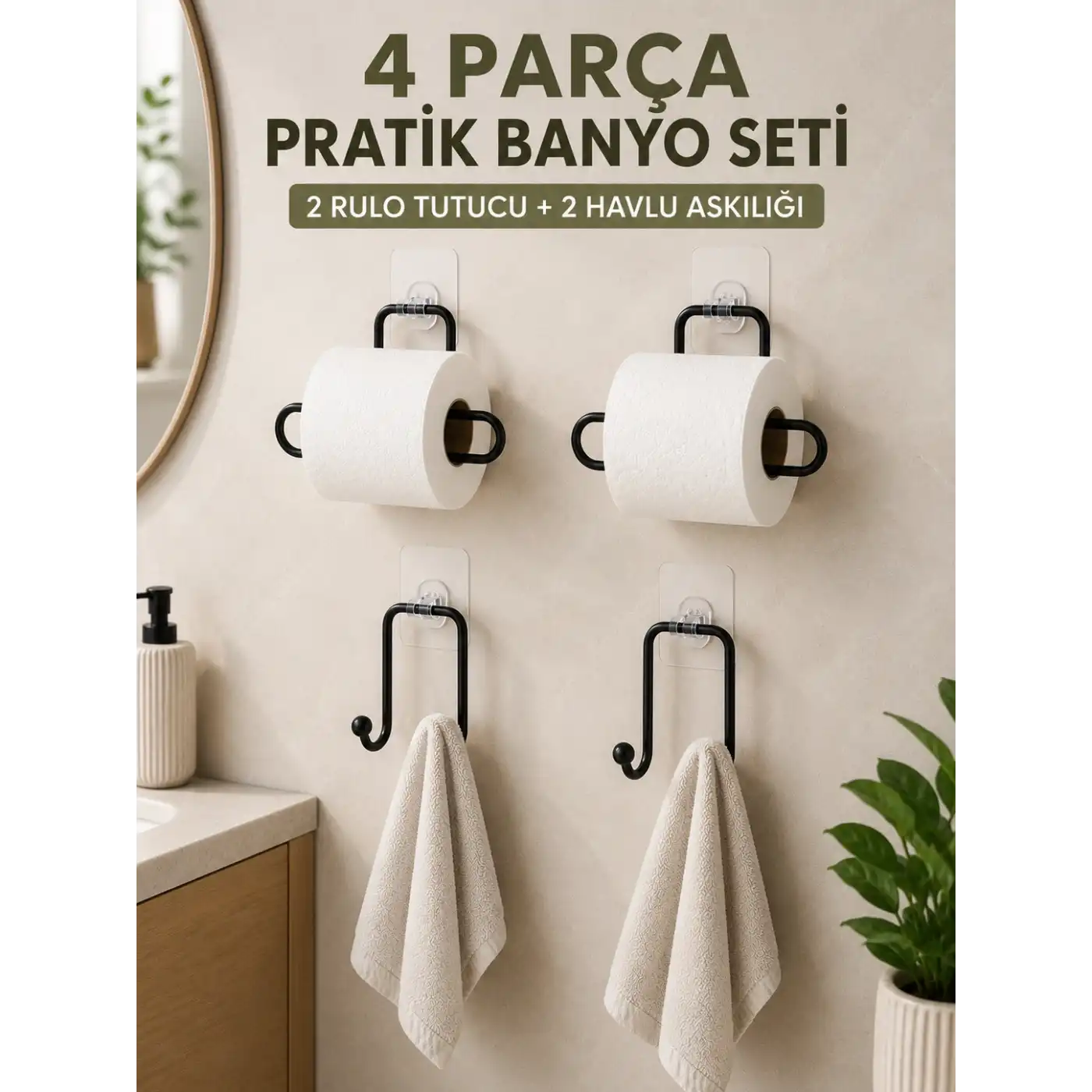 Pratik Banyo Düzenleme Seti 2 Adet Rulo Kağıt Tutucu 2 Adet Havlu Askılığı