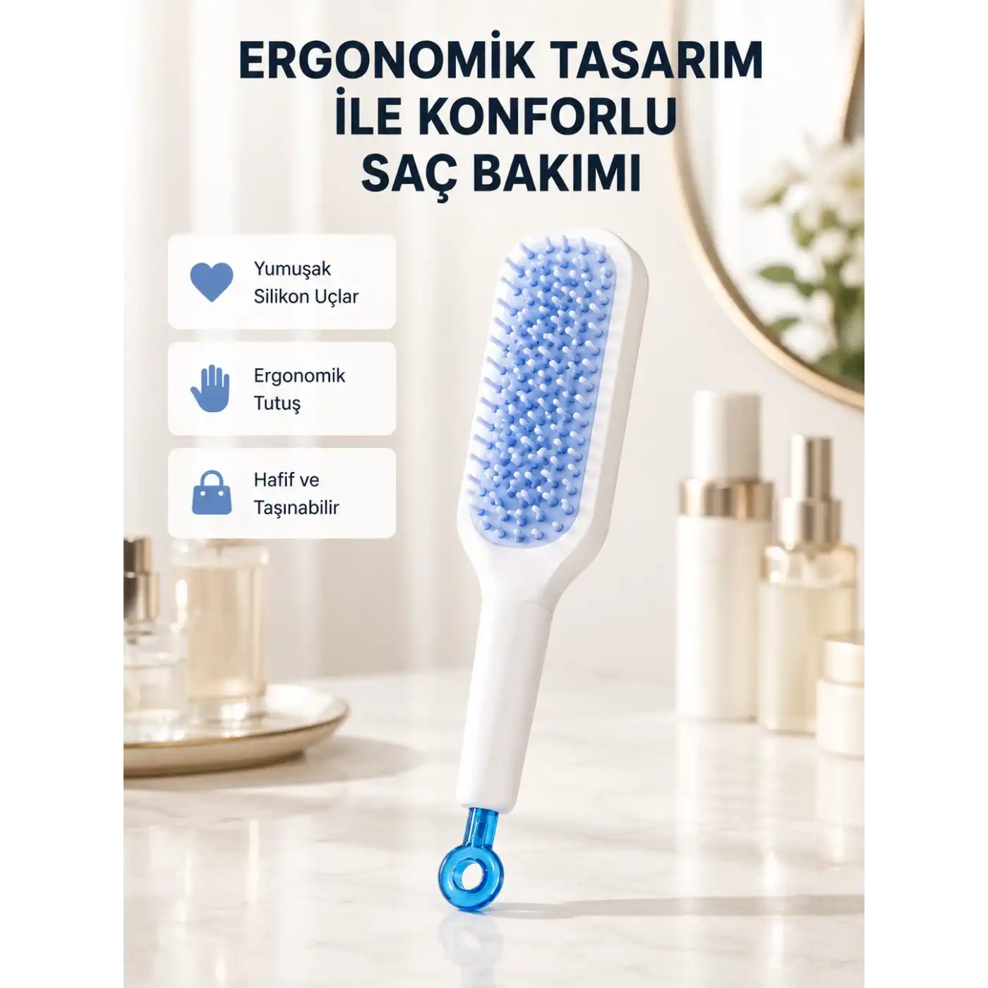 Pratik Mekanizmalı Saç Tarağı – Kendi Kendini Temizler, Taşınabilir