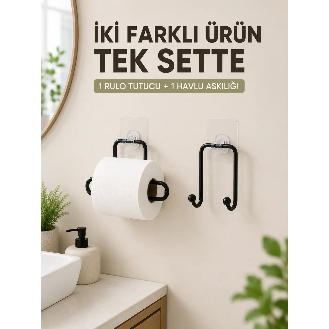 Pratik Yapışkanlı Rulo Kağıtlık ve Havlu Bez Askılığı 2 Parça Düzenleyici Set