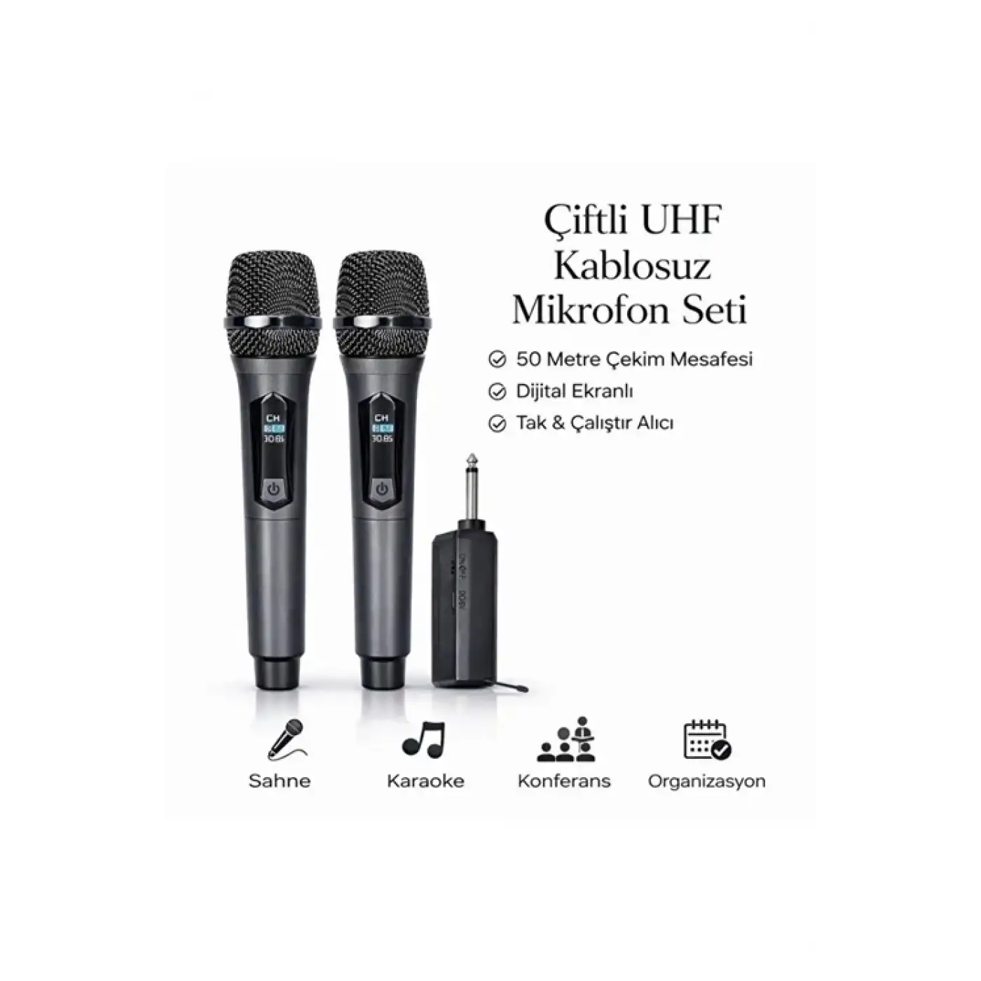 Profesyonel Çiftli Kablosuz Mikrofon Seti Karaoke Şarj Edilebilir 50 Metre