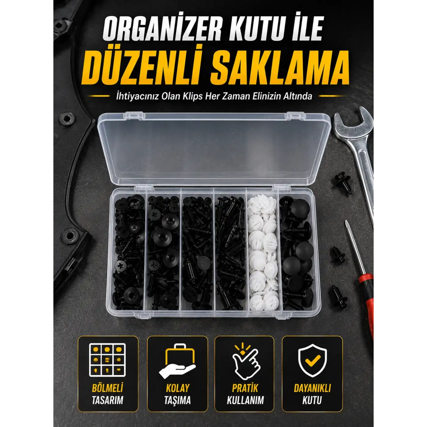 Profesyonel Oto Klips Tamir Seti 6 Farklı Model Plastik Sabitleme Pimi Organizer Kutulu