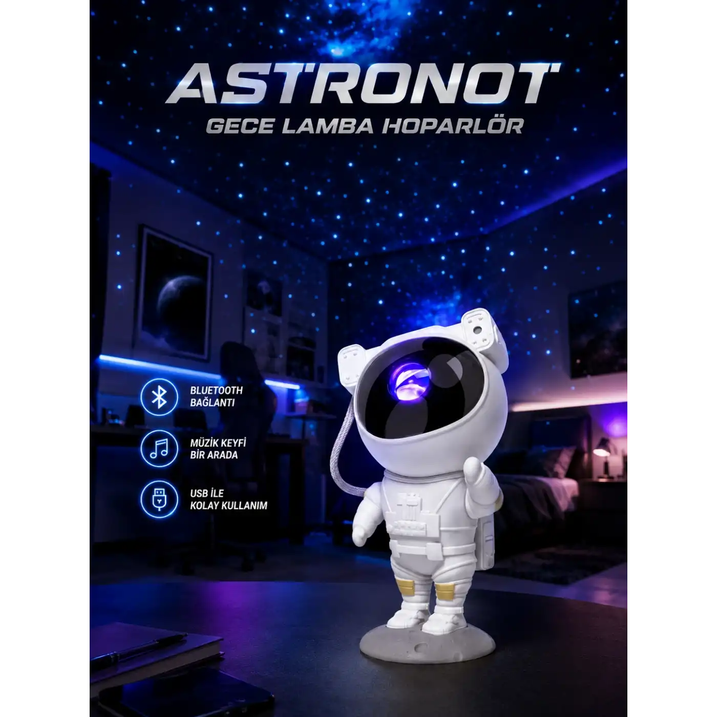 Projeksiyon Astronot Lamba Speaker Sevimli Astronot Bluetooth Hoparlör Yeni Nesil