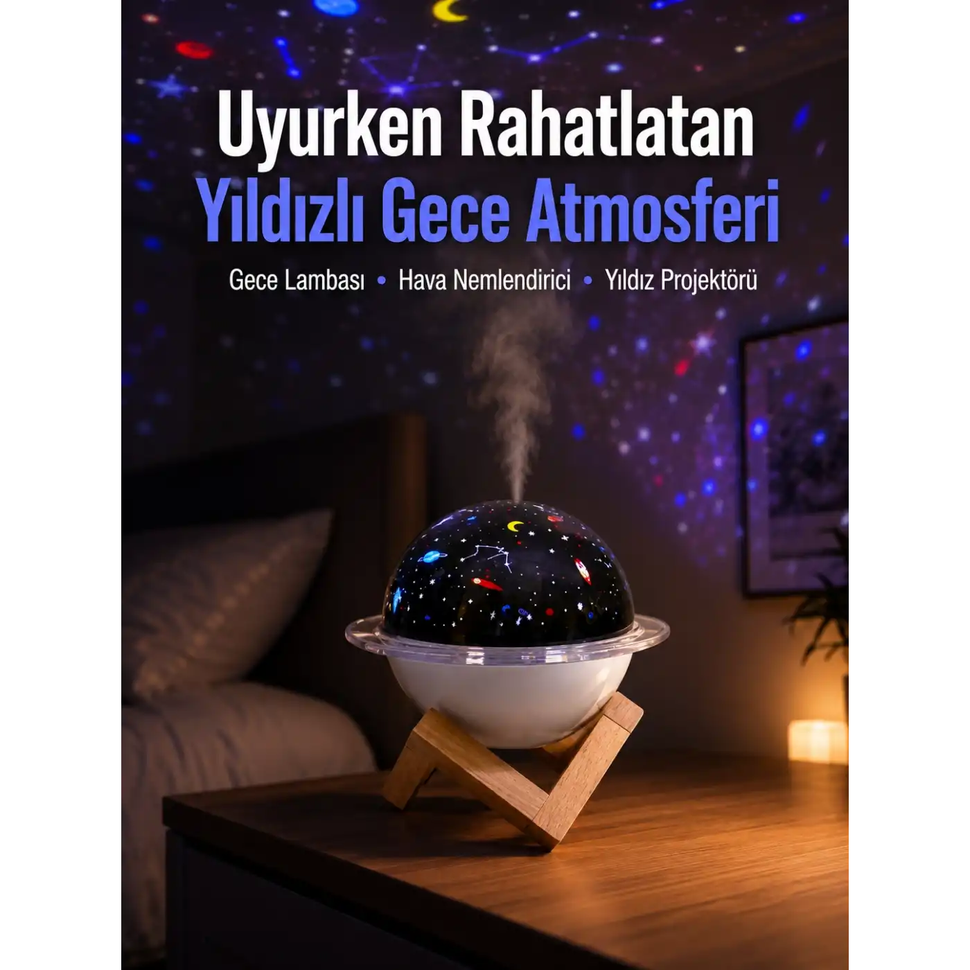 Projektör ışığı bulunan USB bağlantılı mini aromaterapi destekli hava nemlendirici