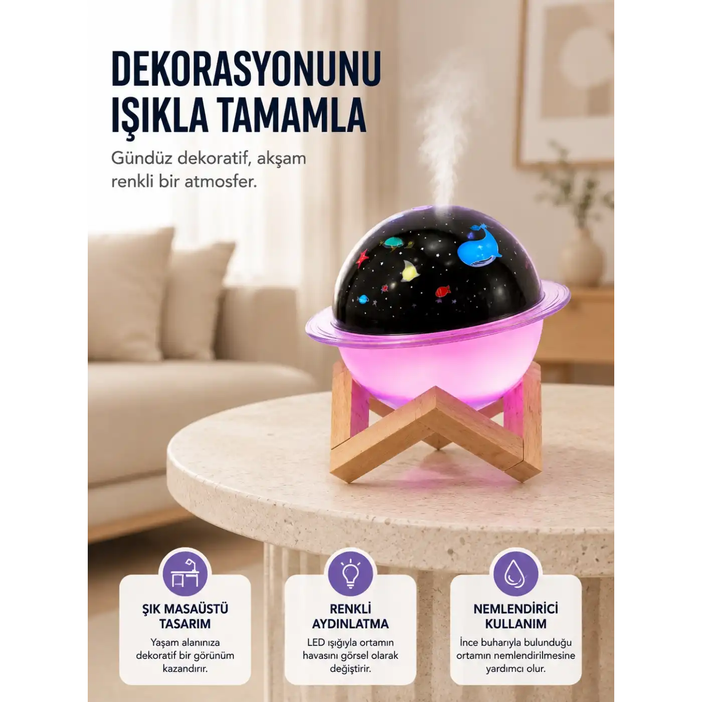 Projektör ışıklı, aromaterapi uyumlu mini masaüstü hava nemlendirici cihaz