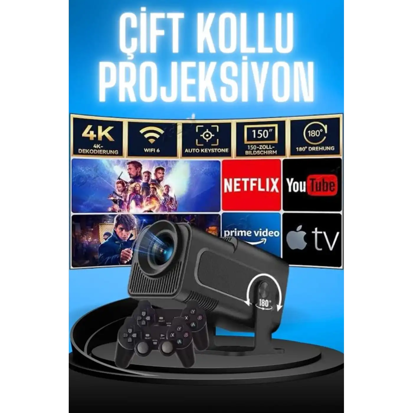Projektör Siyah Android Taşınabilir Sinema Projeksiyon Wifi Destekli En Güncel Sürüm Akıllı