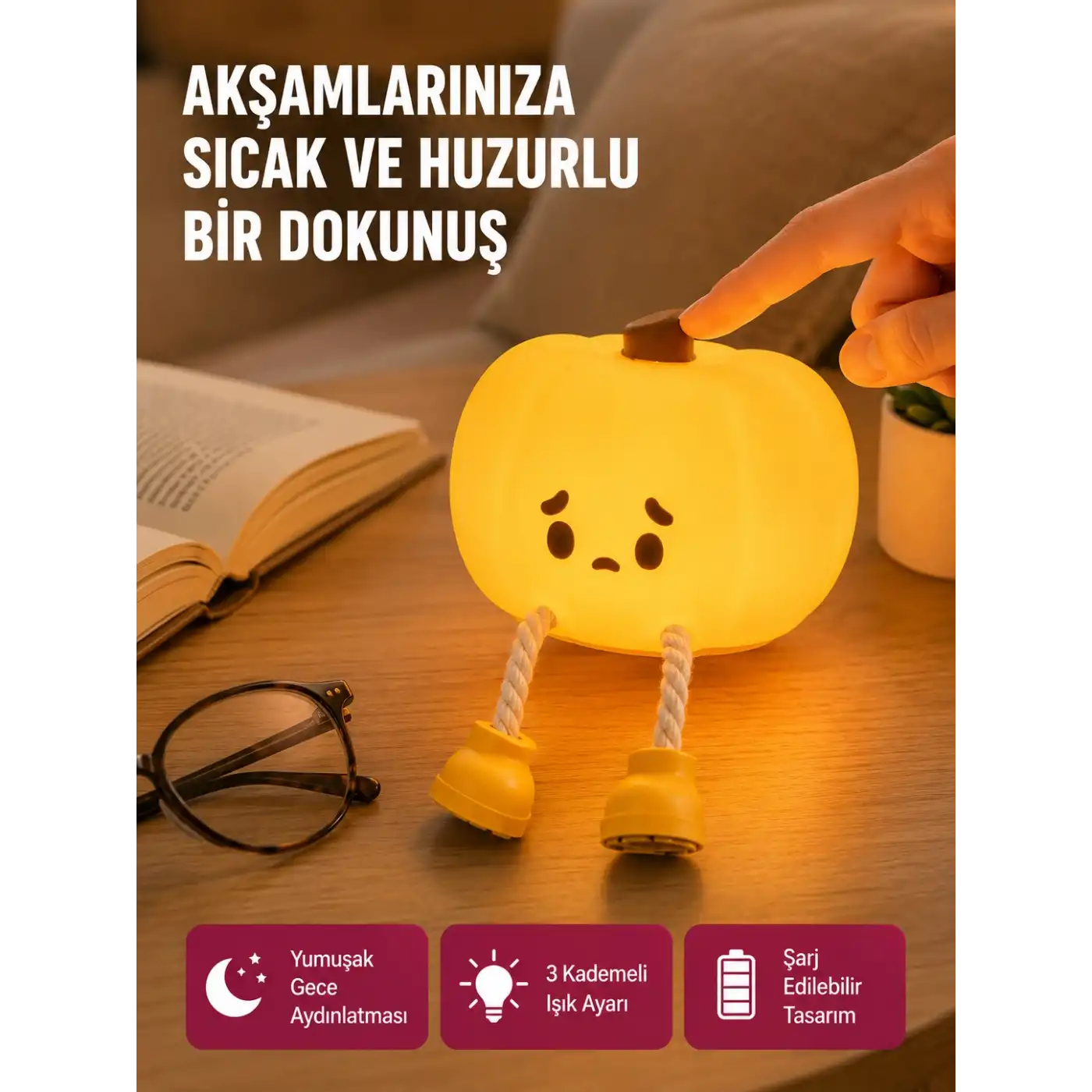 Pumpkin LED Gece Lambası Üç Kademeli Işık Ayarlı Yeni Nesil