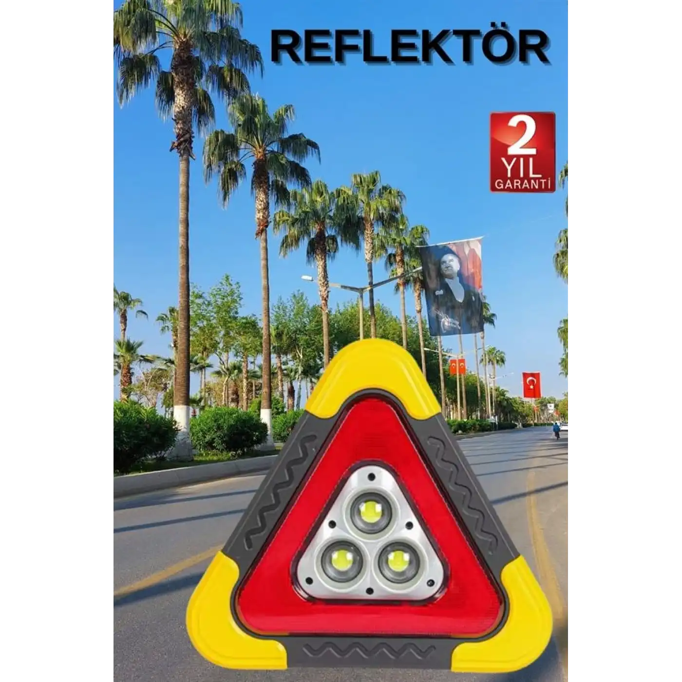 Reflektör Güneş Panelli Solarlı Şarjlı Üçgen Işıklı Trafik Reflektör Fener