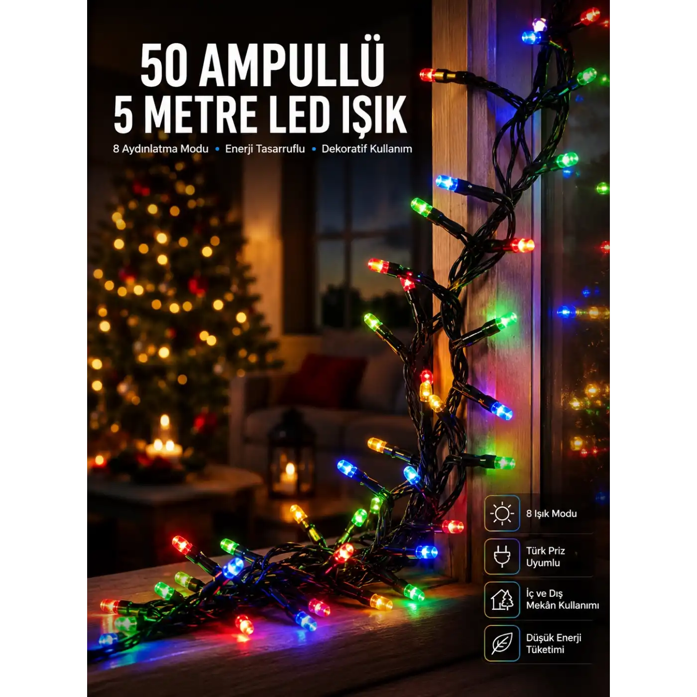 Renk Pilli Led Işık Çok Fonksiyonlu Enerji Tasarruflu 5 Metre