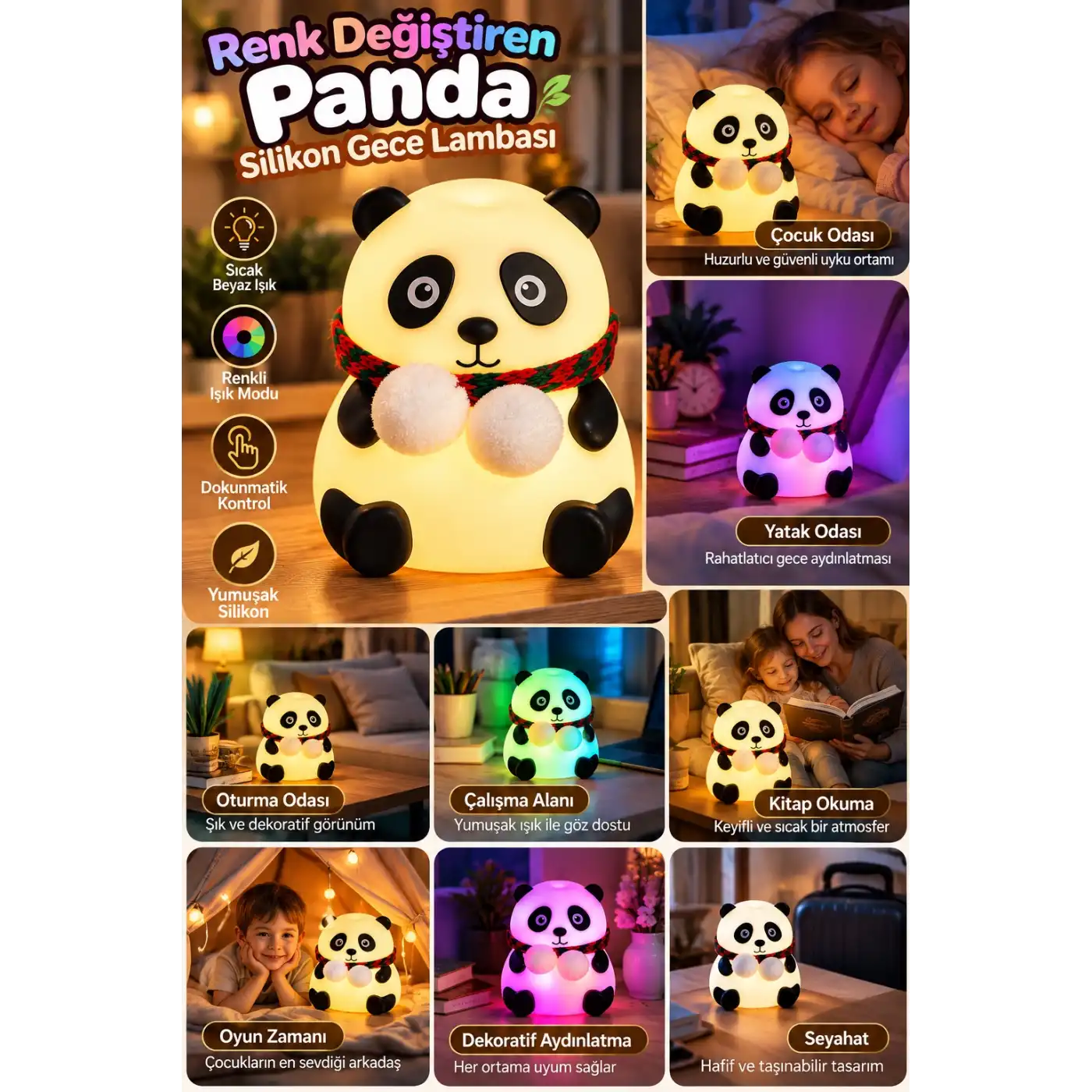 Renkli Işık Modlu Silikon Panda Gece Lambası Dokunmatik Kontrollü Sevimli Dekoratif