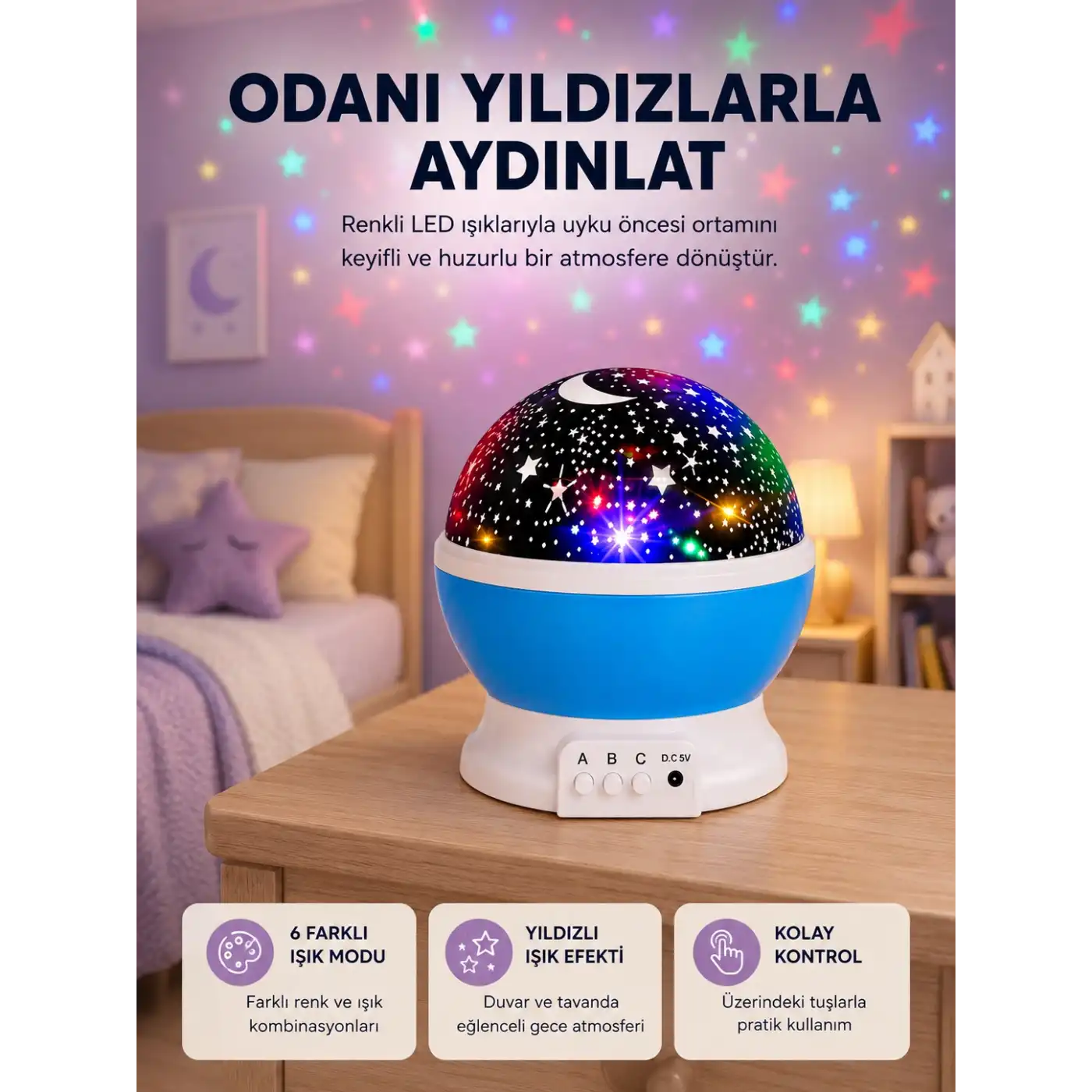 Renkli LED Gece Lambası 6 Işık Modlu Çocuk Odası Atmosfer Aydınlatma