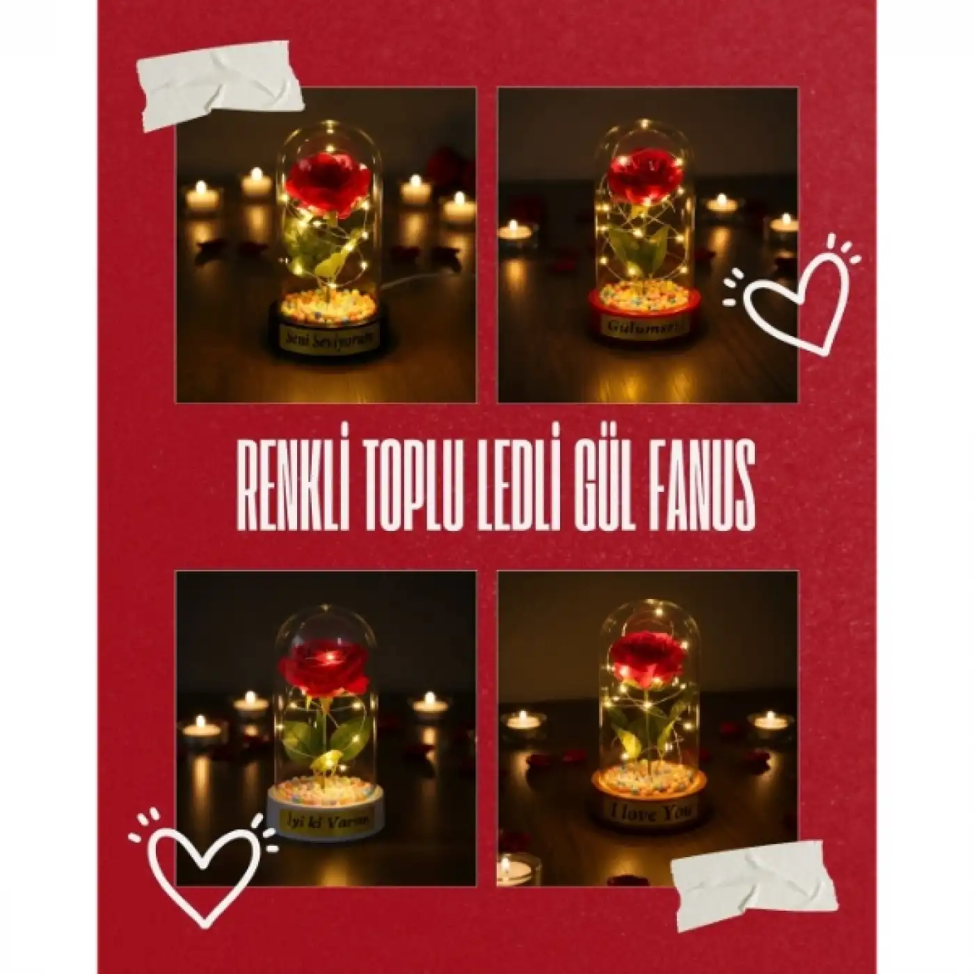 Renkli Toplu Ledli Gül Fanus