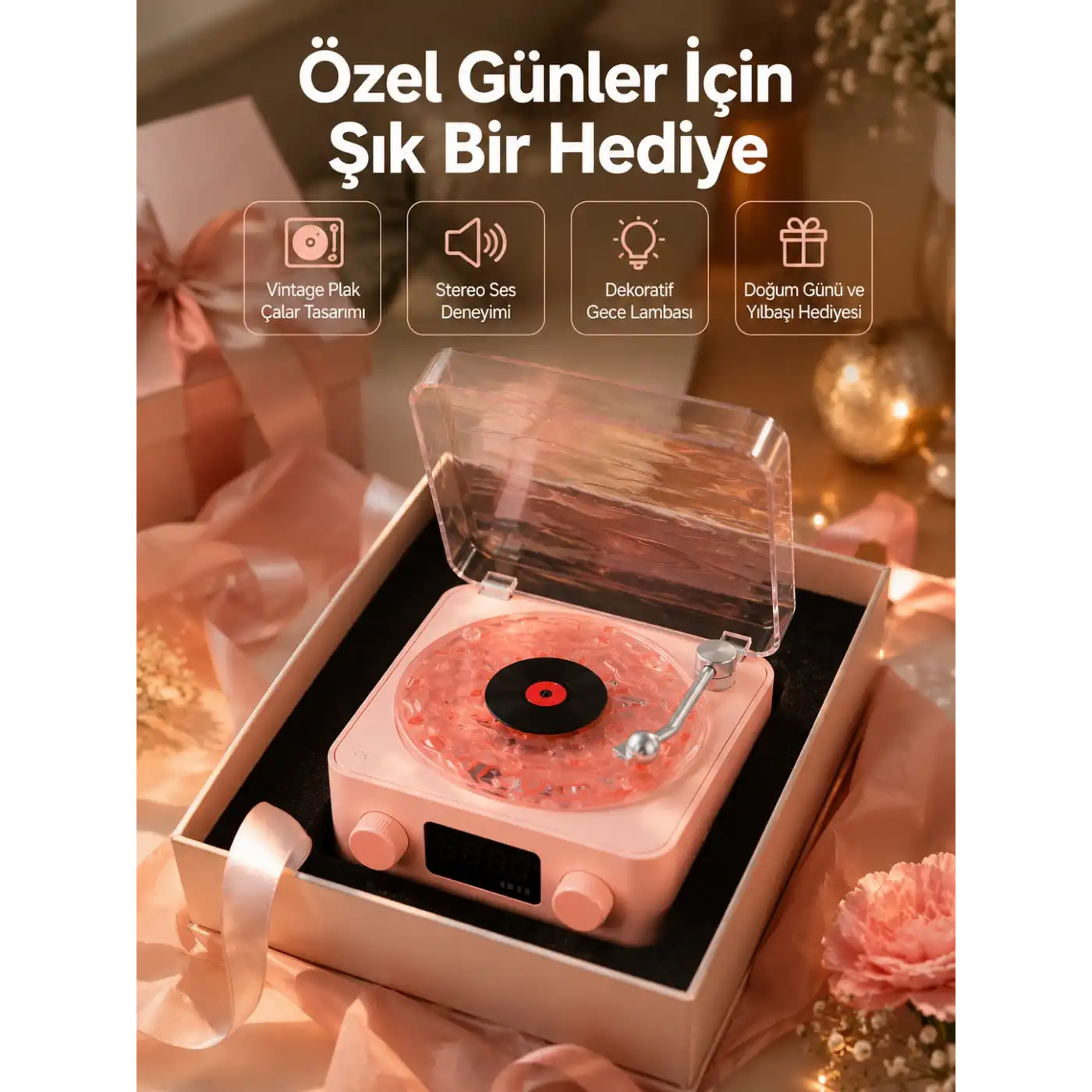 Retro Bluetooth Hoparlör – Yumuşak Gece Lambası ve Saat Göstergeli Yeni Nesil