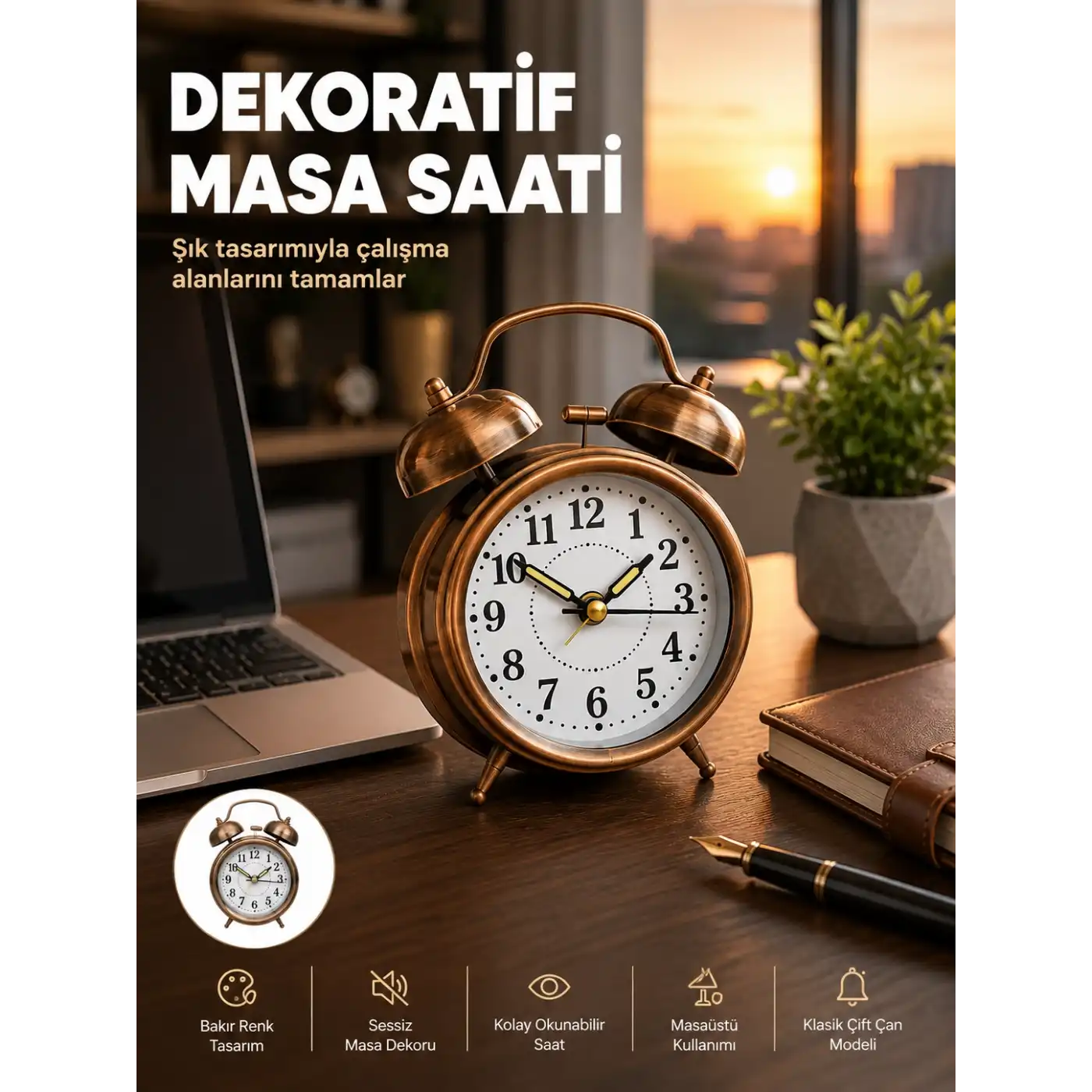 Retro Tarz Bronz Dekoratif Masa Saati Metal Gövde Yüksek Sesli Alarm