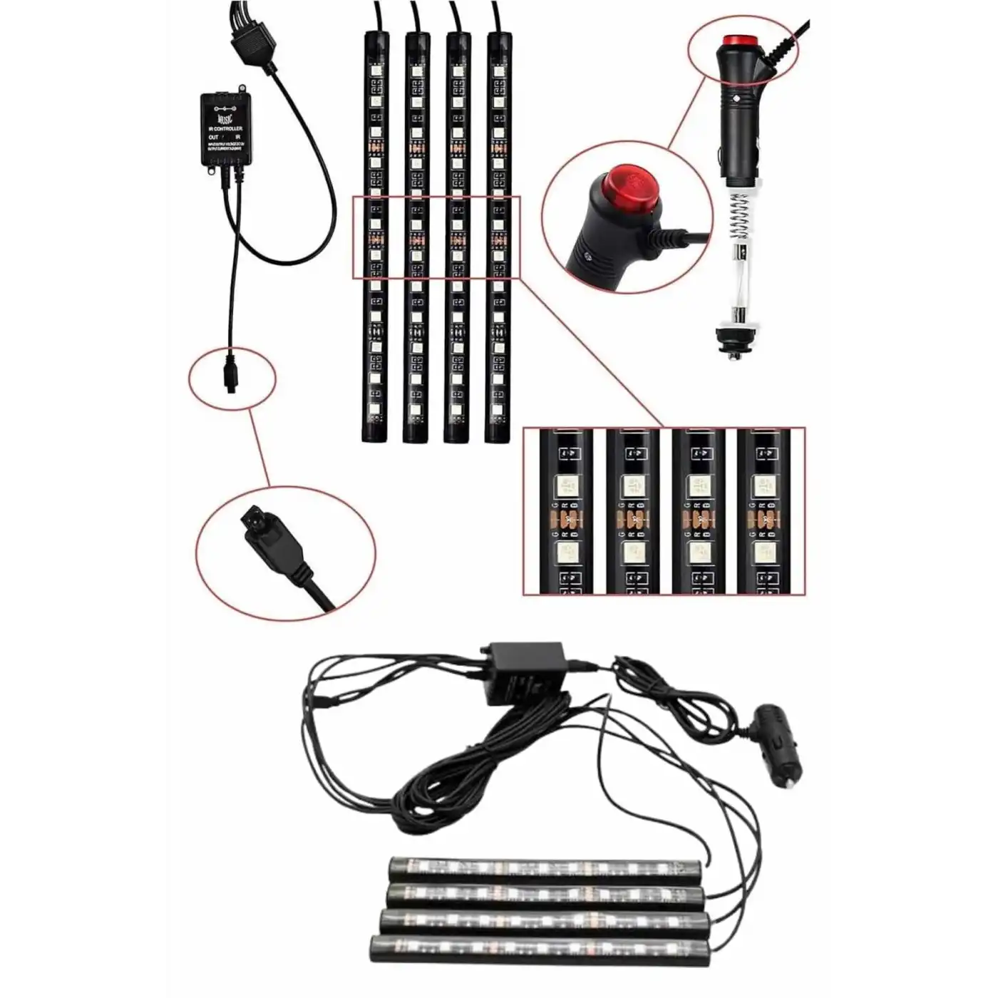 RGB Araç İçi Şerit LED Seti Müzik Kontrollü Ambiyans Aydınlatma