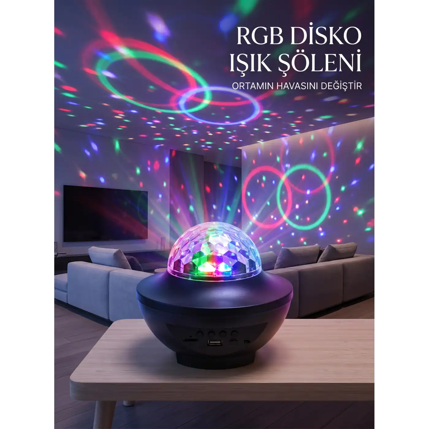 RGB Bluetooth Disko Lambası Dahili Hoparlörlü Müzikli Parti Işığı USB ve TF Kartlı