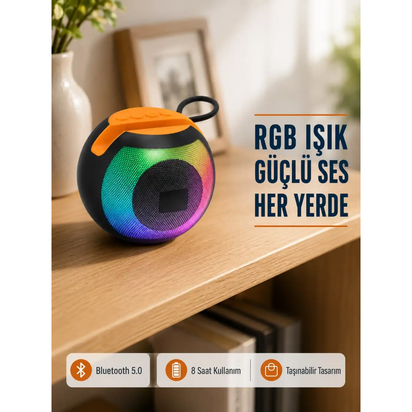 RGB Işıklı Bluetooth Hoparlör – 360° Stereo Ses ve 8 Saat Çalma Süresi
